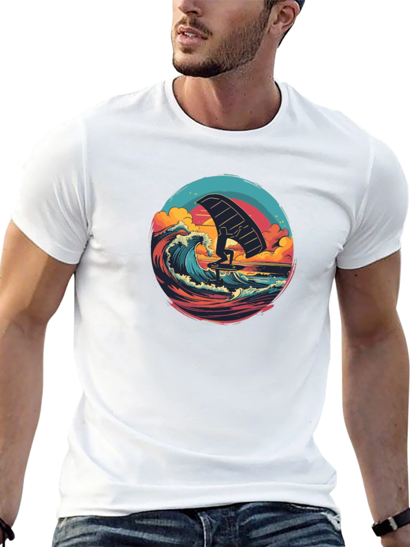 Wing Foiling Black T-Shirt - Ocean Wave Design