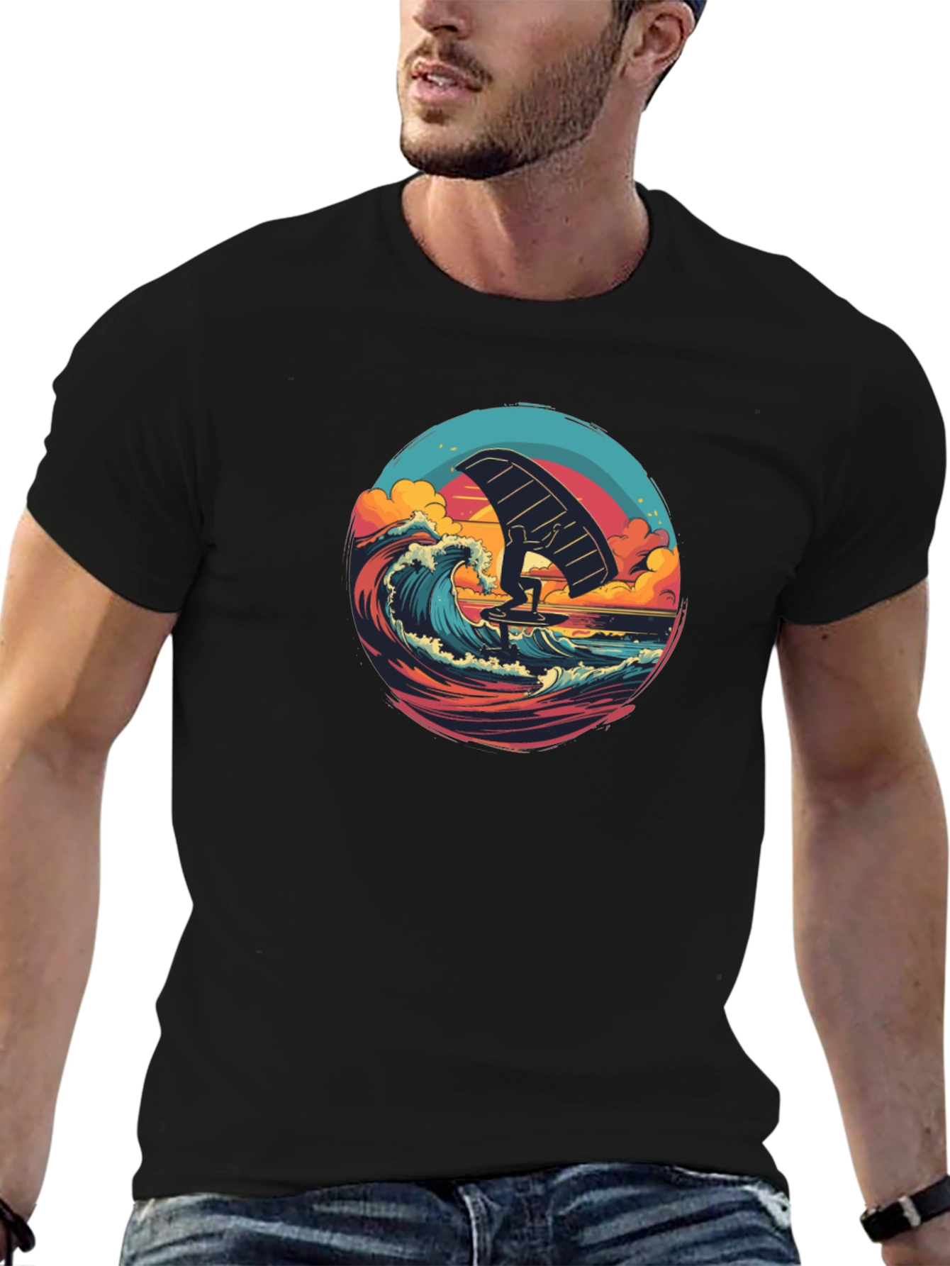 Wing Foiling Black T-Shirt - Ocean Wave Design