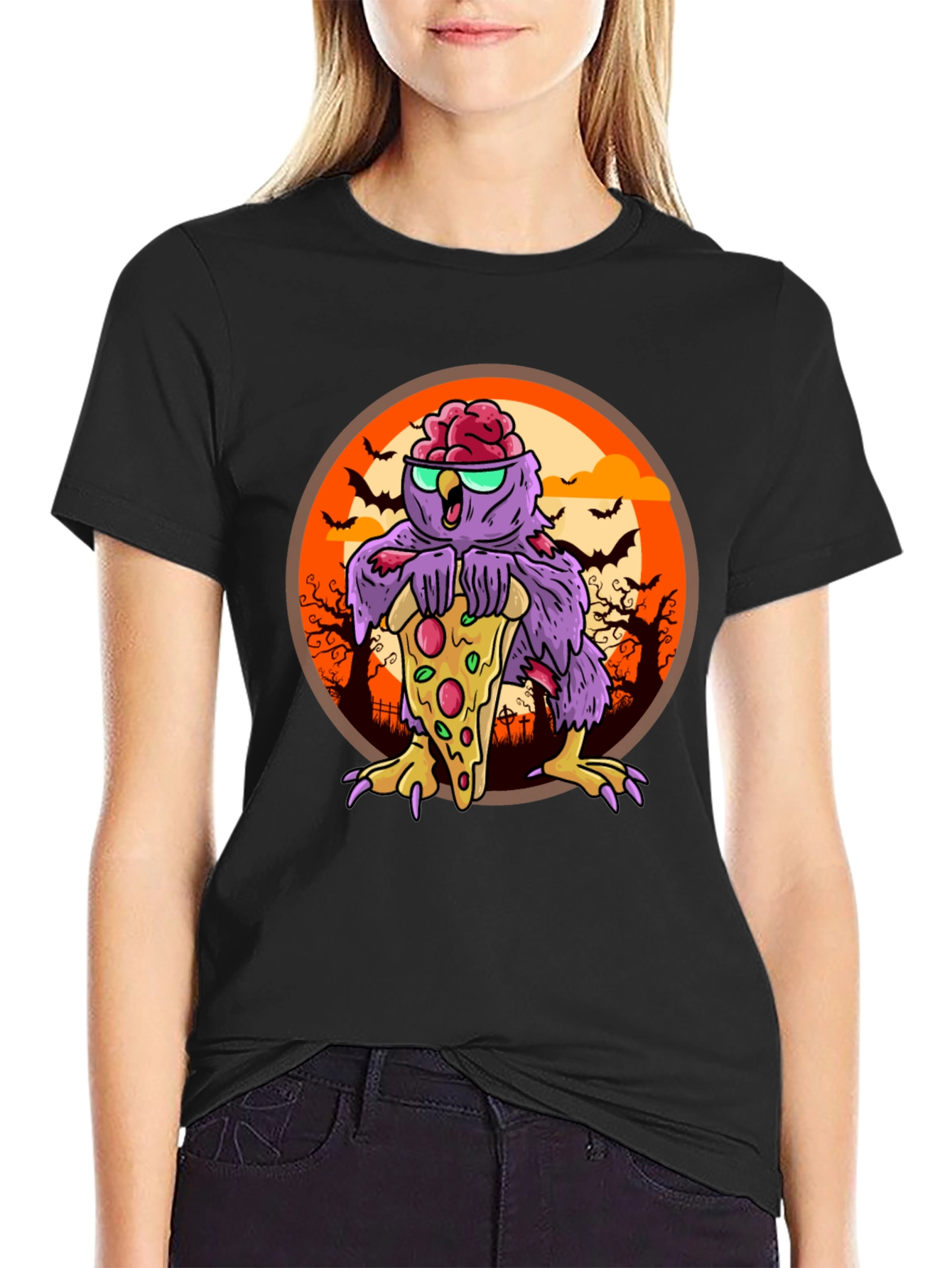 Zombie Owl Pizza Lover T-Shirt - Halloween Ready!