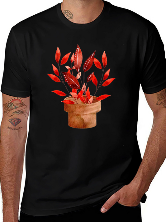 Potted Red Leaf Plant Black T-Shirt