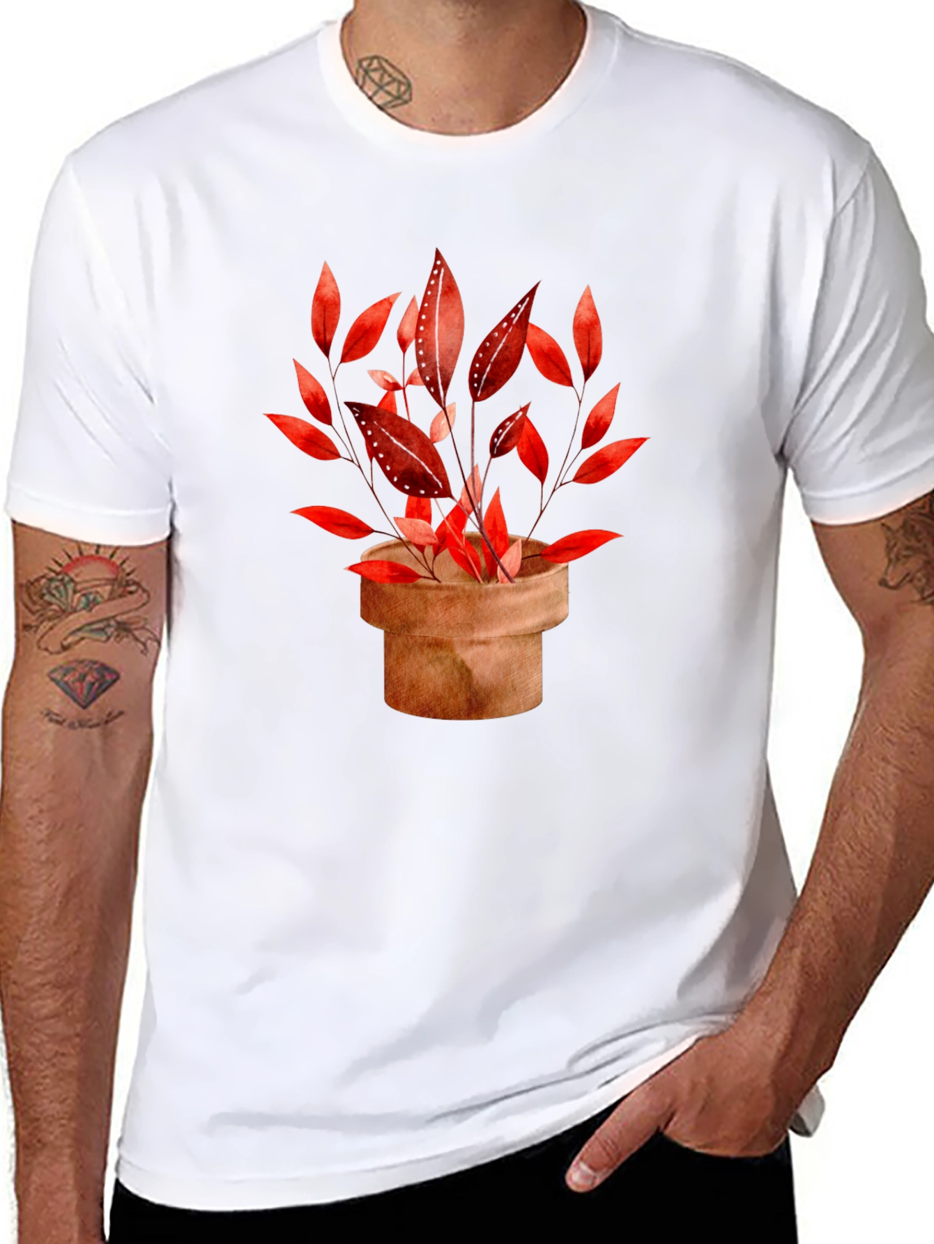 Potted Red Leaf Plant Black T-Shirt