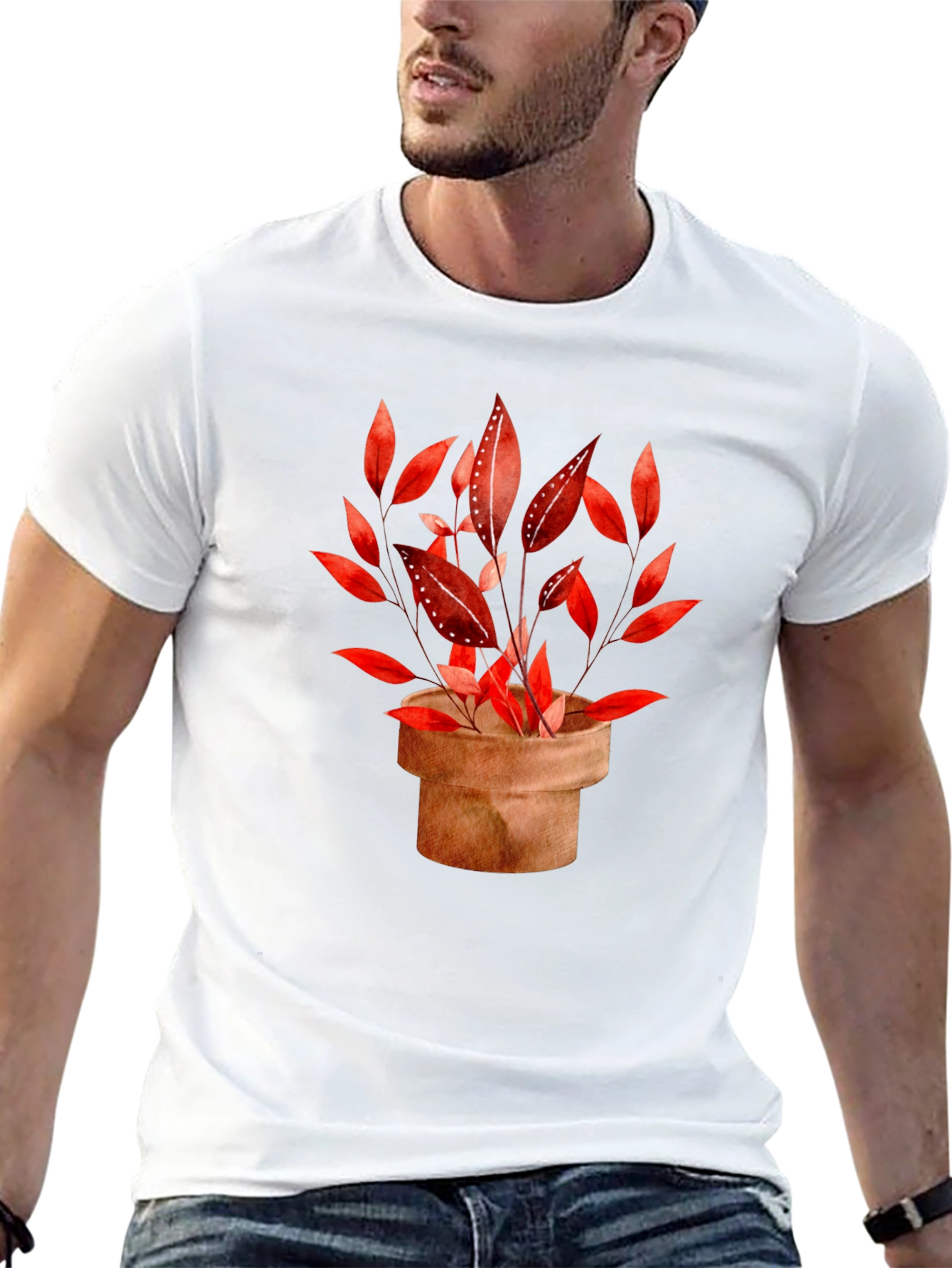 Potted Red Leaf Plant Black T-Shirt