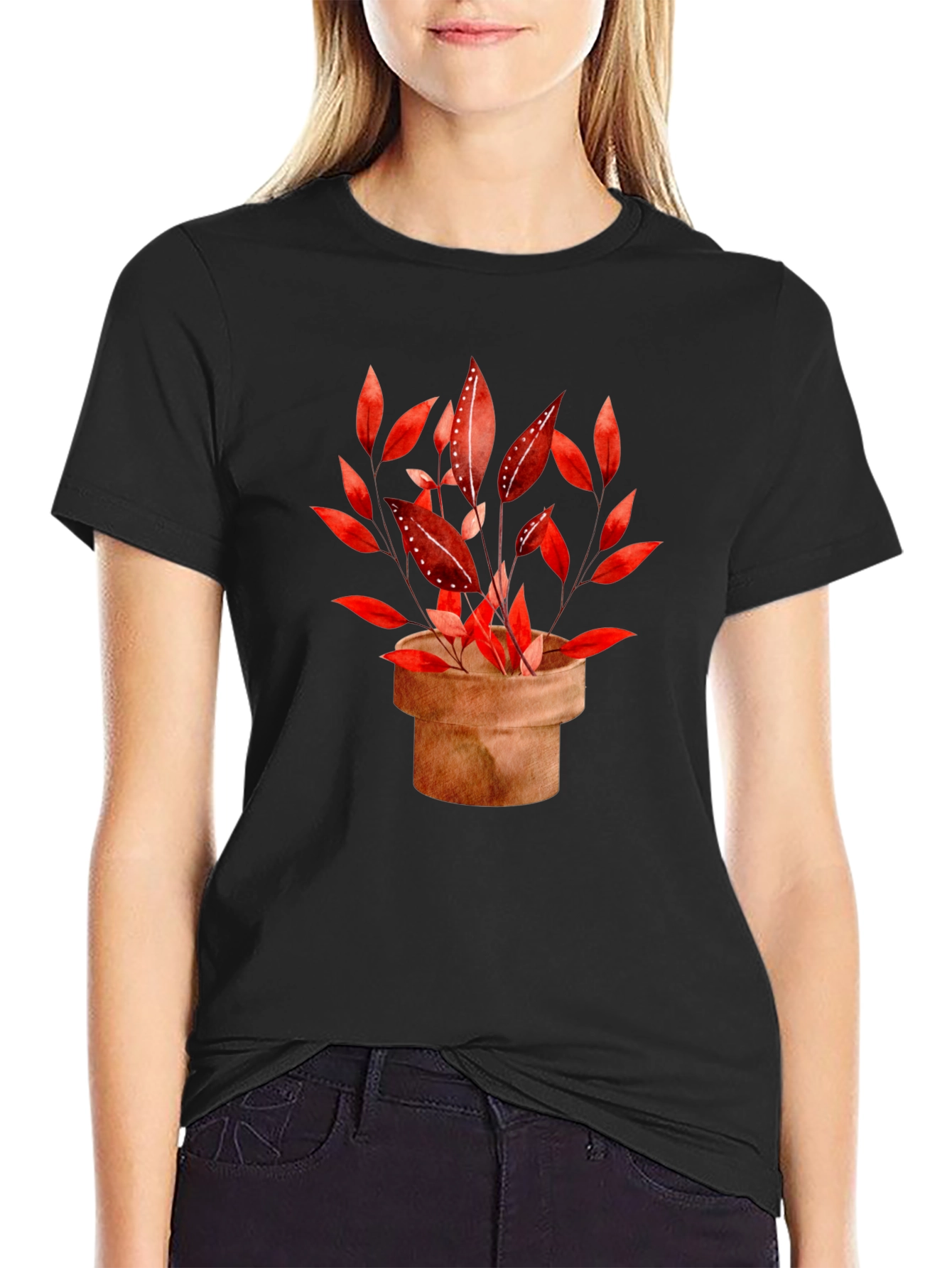 Potted Red Leaf Plant Black T-Shirt