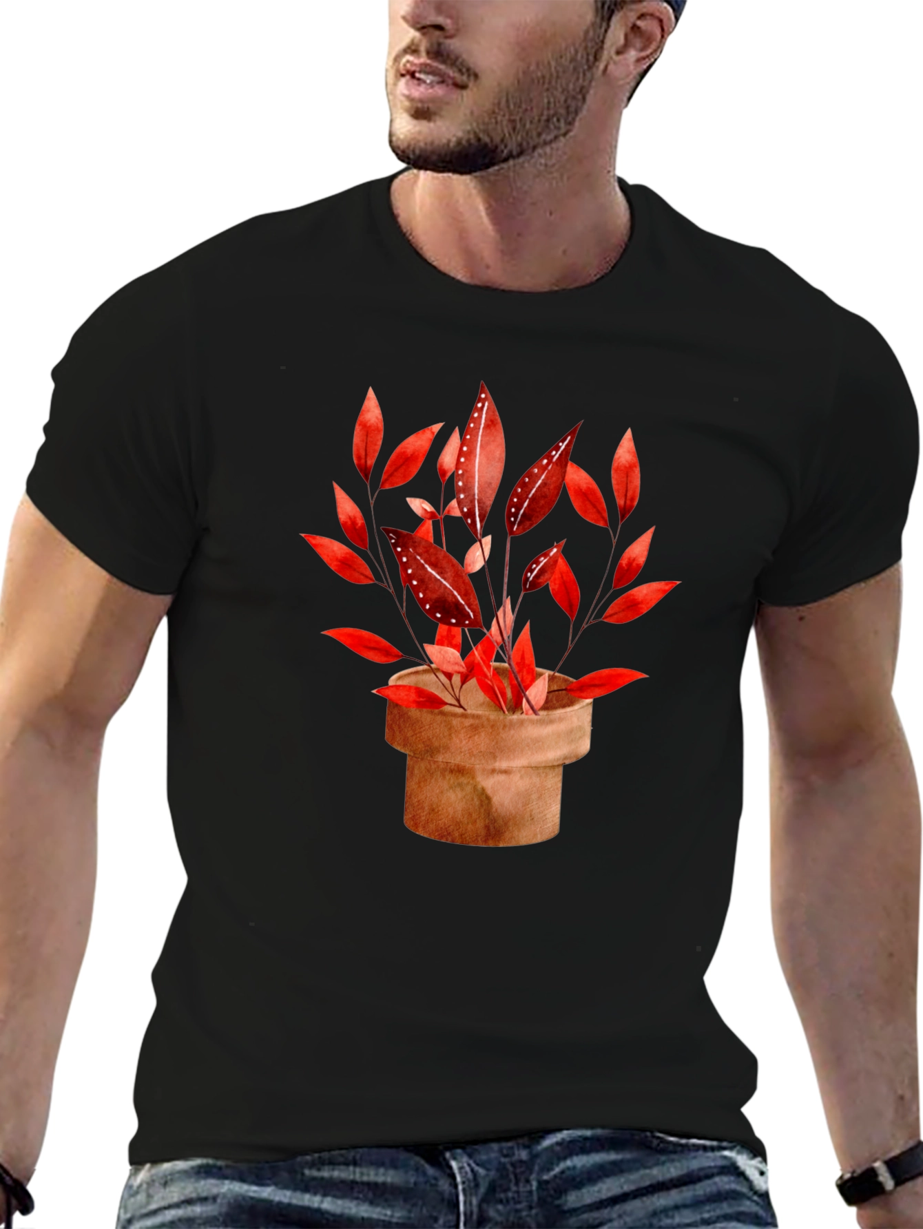 Potted Red Leaf Plant Black T-Shirt