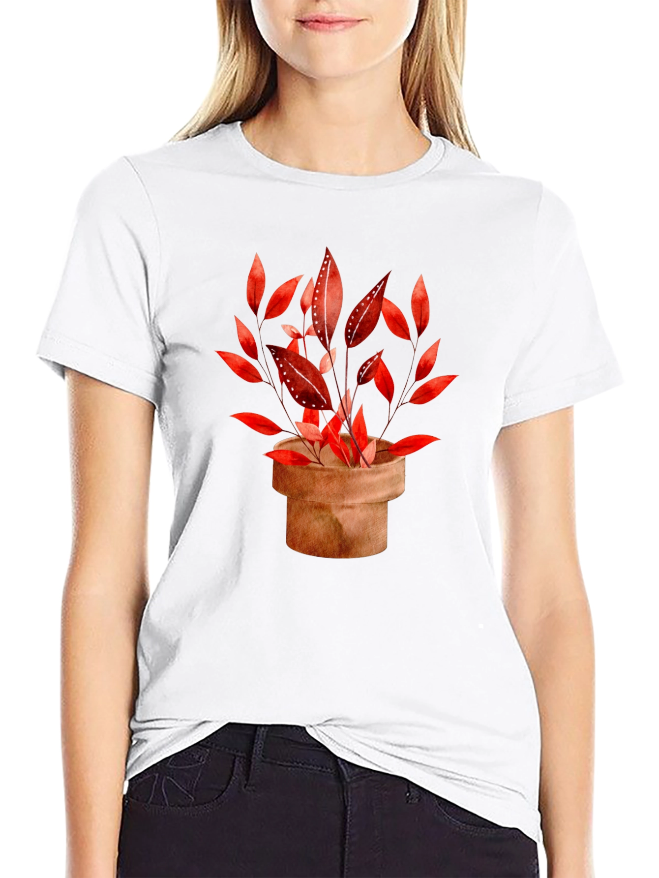 Potted Red Leaf Plant Black T-Shirt