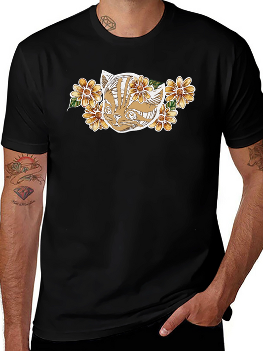 Floral Cat Graphic Tee - Black Cotton Comfort