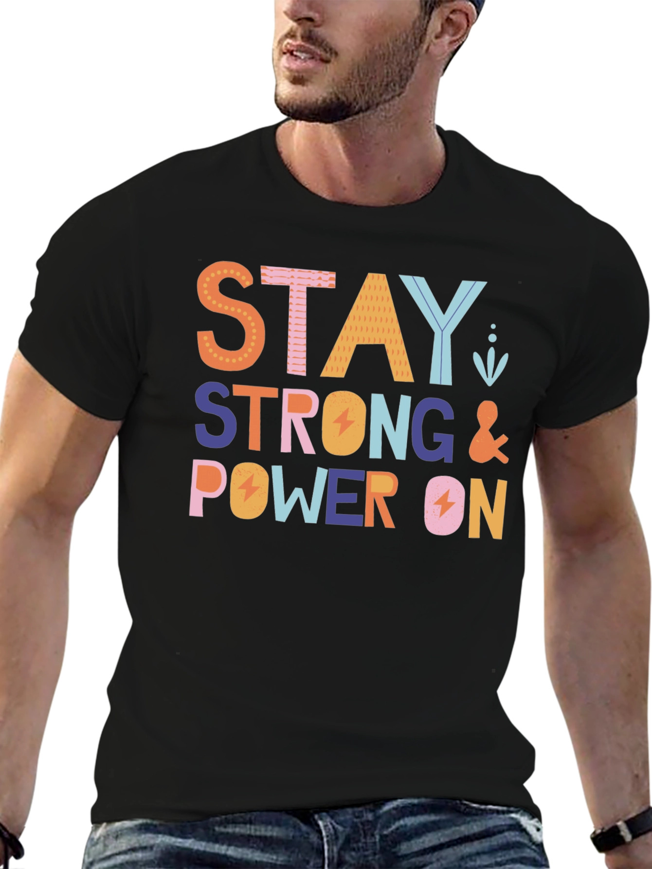 Stay Strong & Power On Black Graphic Tee