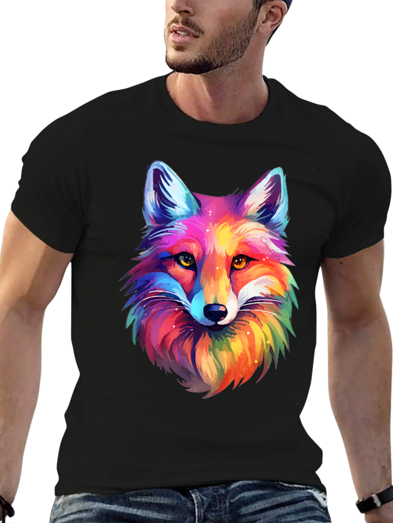 Vibrant Rainbow Fox Graphic Tee - Unisex Black T-Shirt