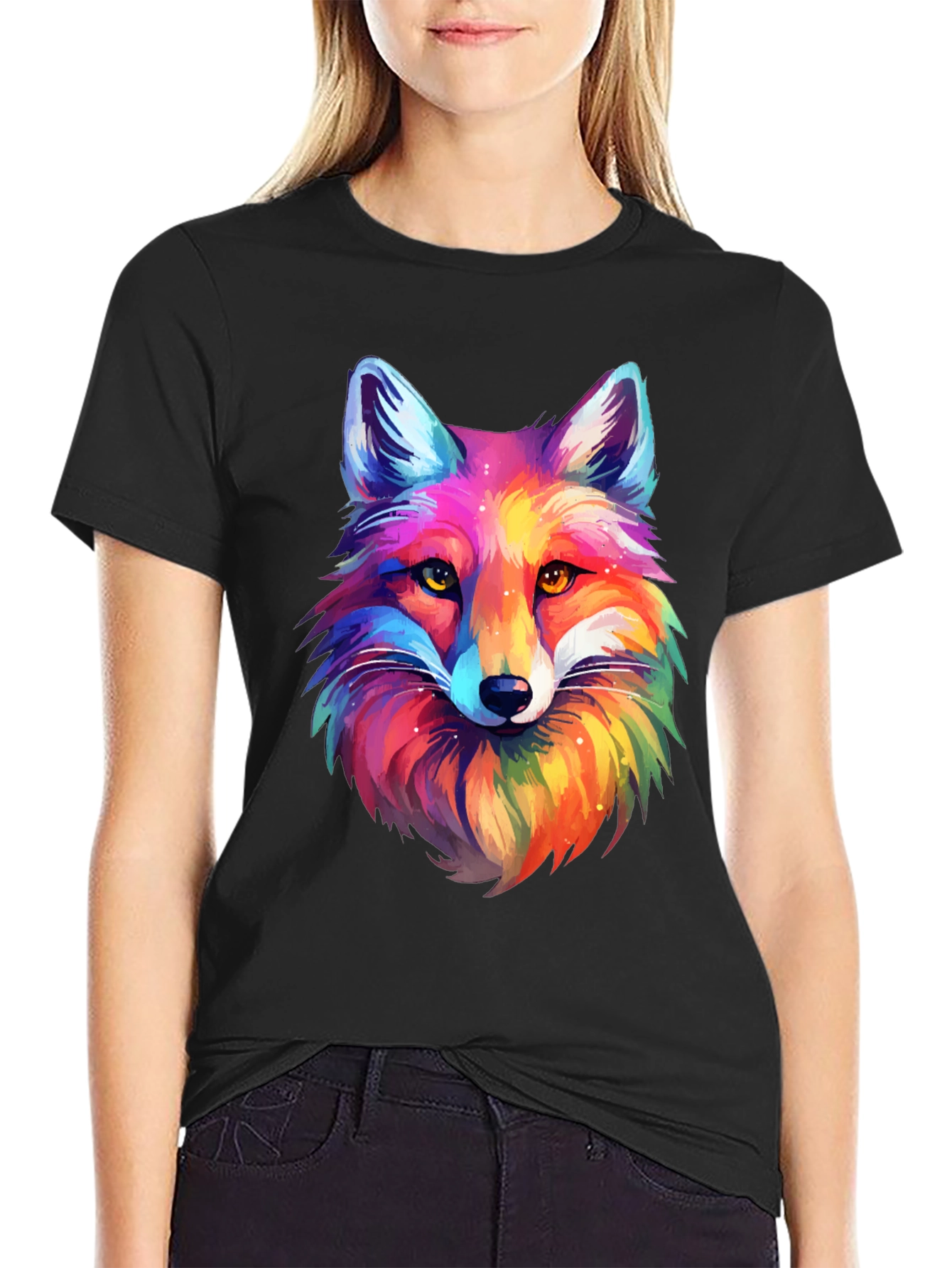 Vibrant Rainbow Fox Graphic Tee - Unisex Black T-Shirt