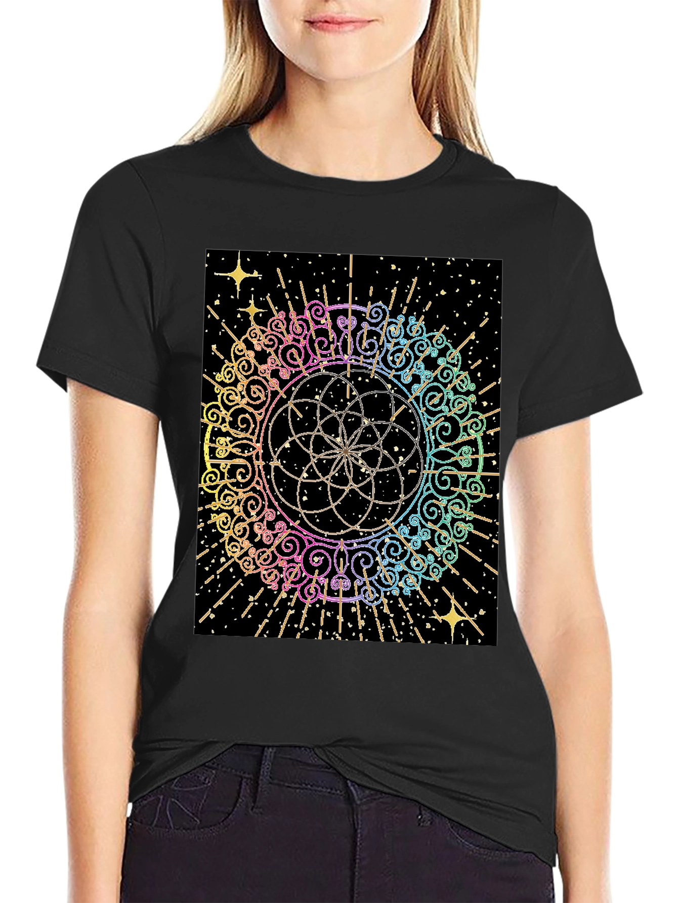 Geometric Rainbow Mandala Graphic T-Shirt