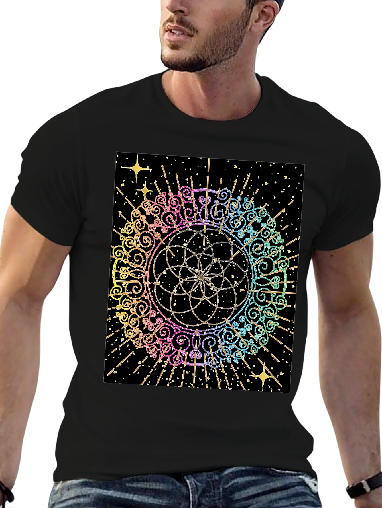 Geometric Rainbow Mandala Graphic T-Shirt