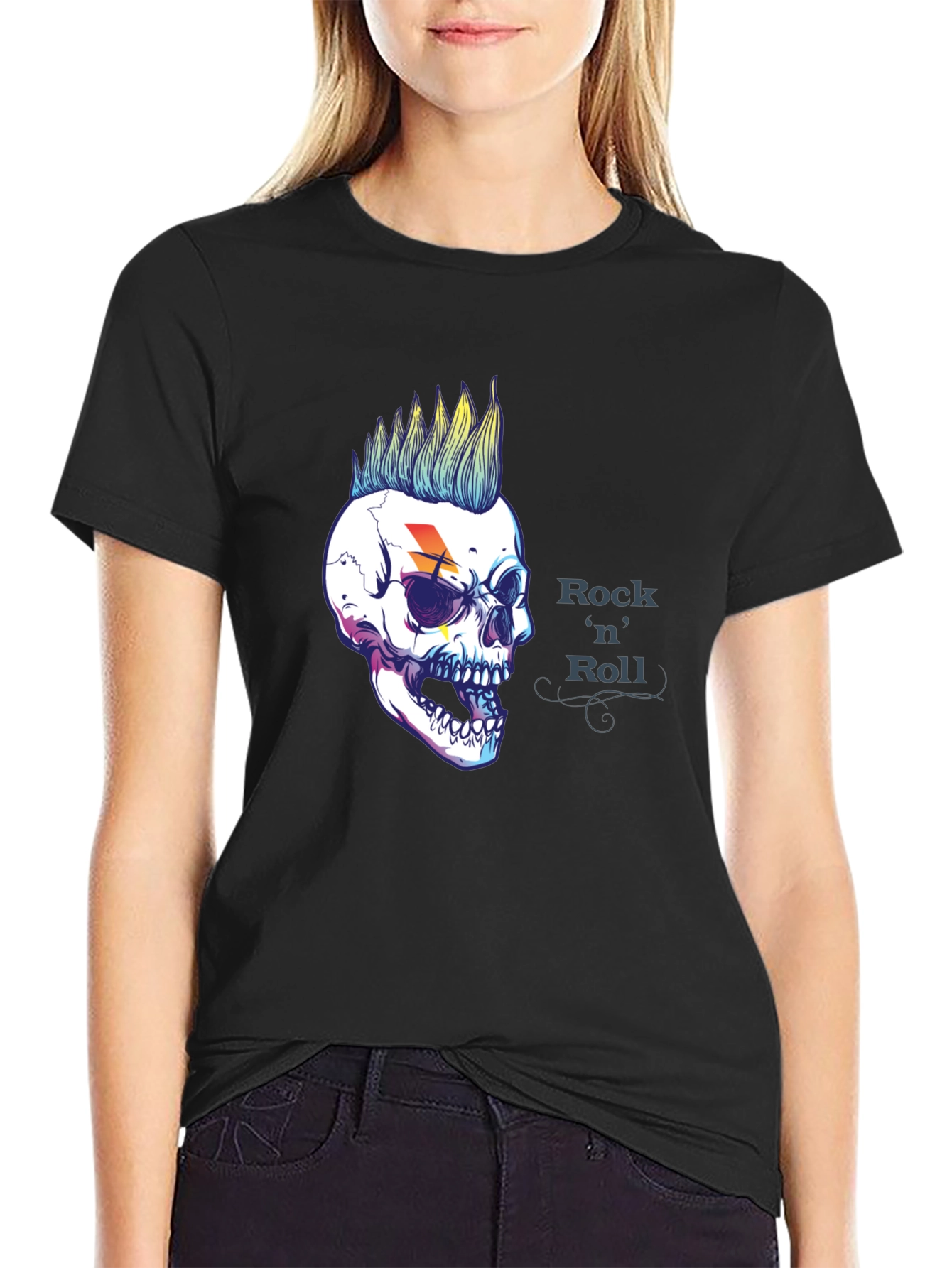 Rock n Roll Skull Graphic Black T-Shirt
