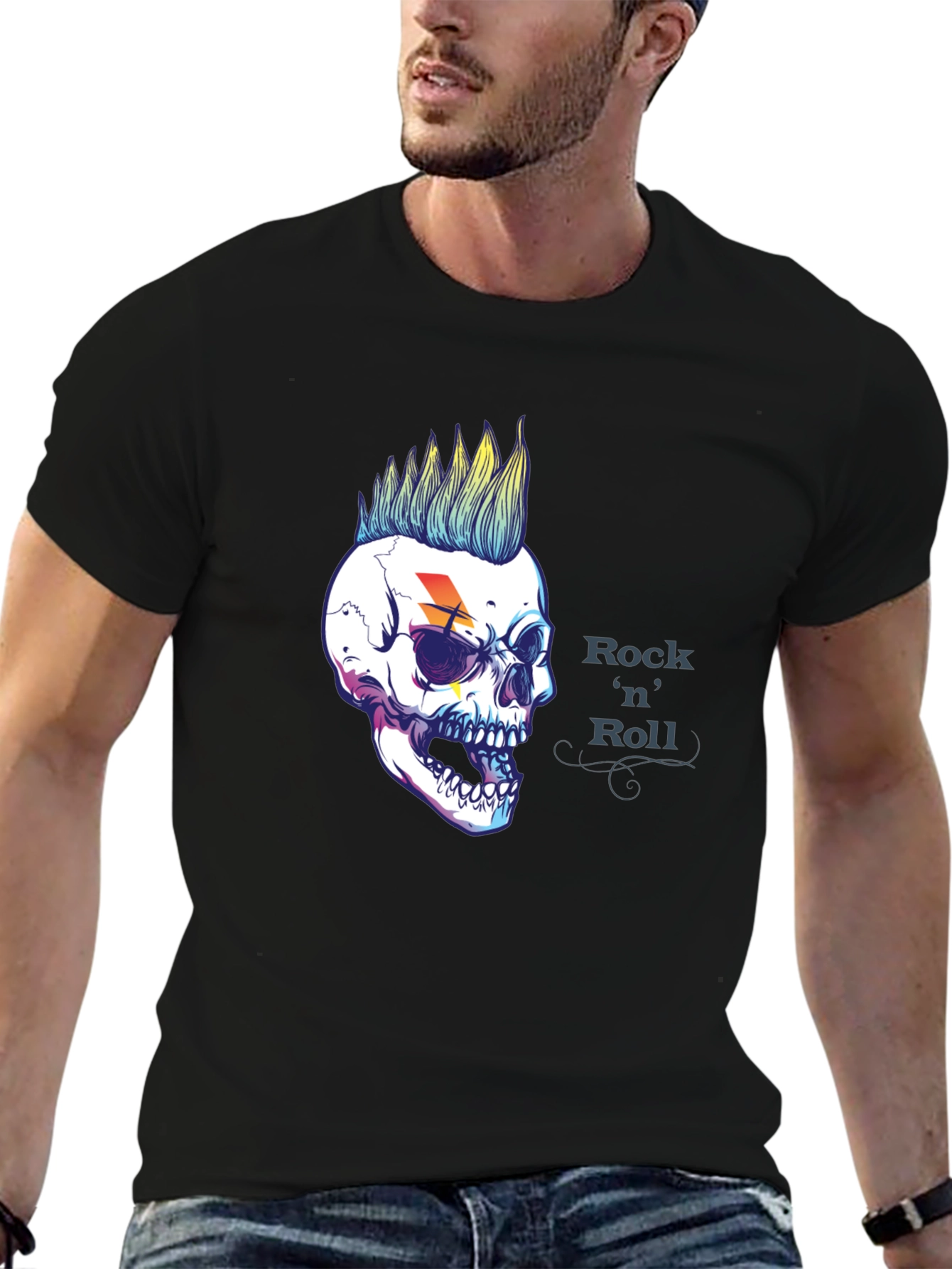 Rock n Roll Skull Graphic Black T-Shirt