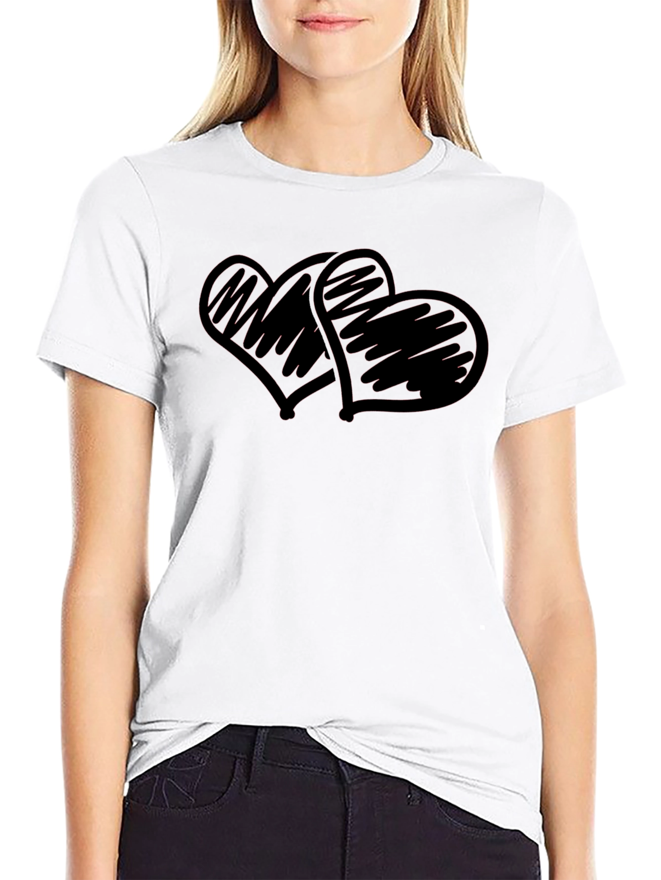 Black T-Shirt with Scribbled Hearts Design
