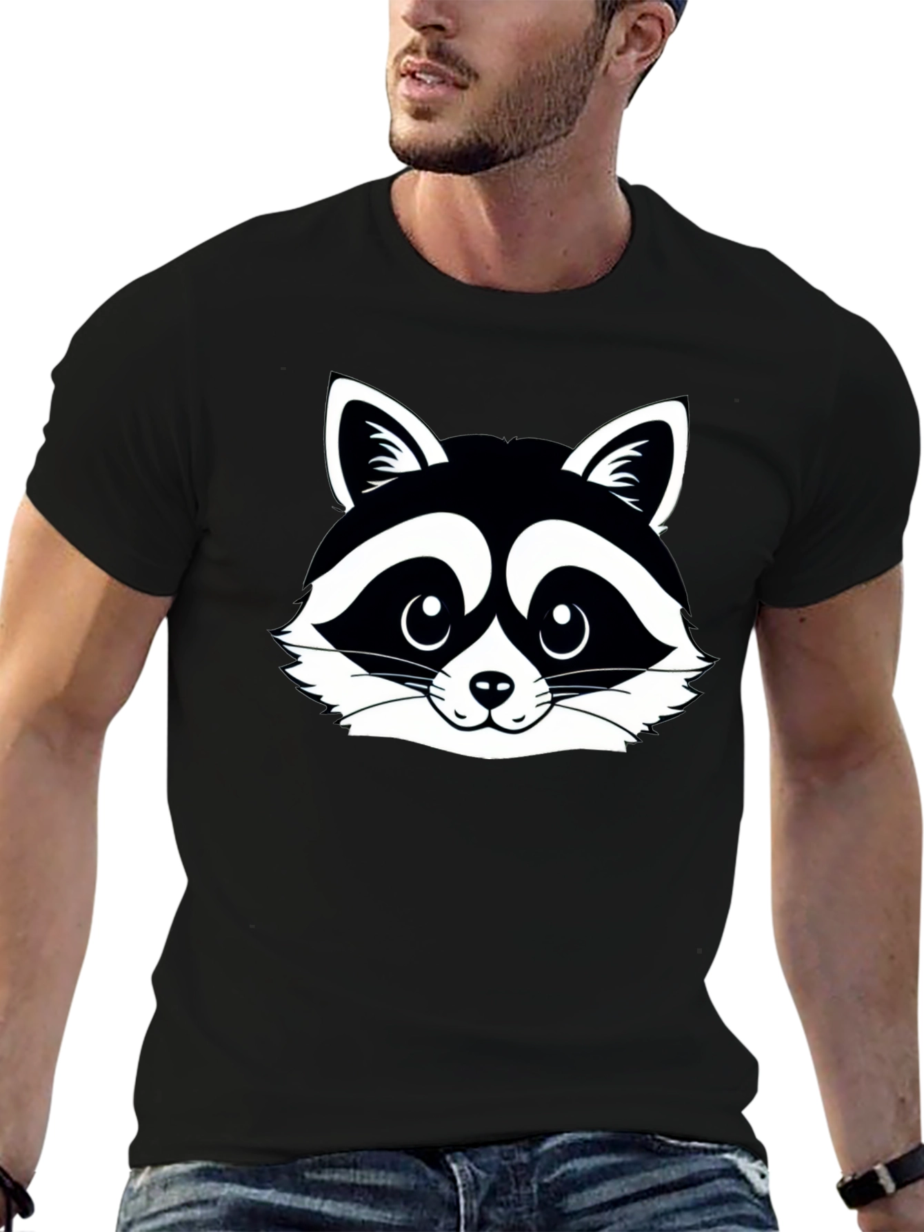 Raccoon Graphic Tee - Black Cotton Crew Neck Shirt