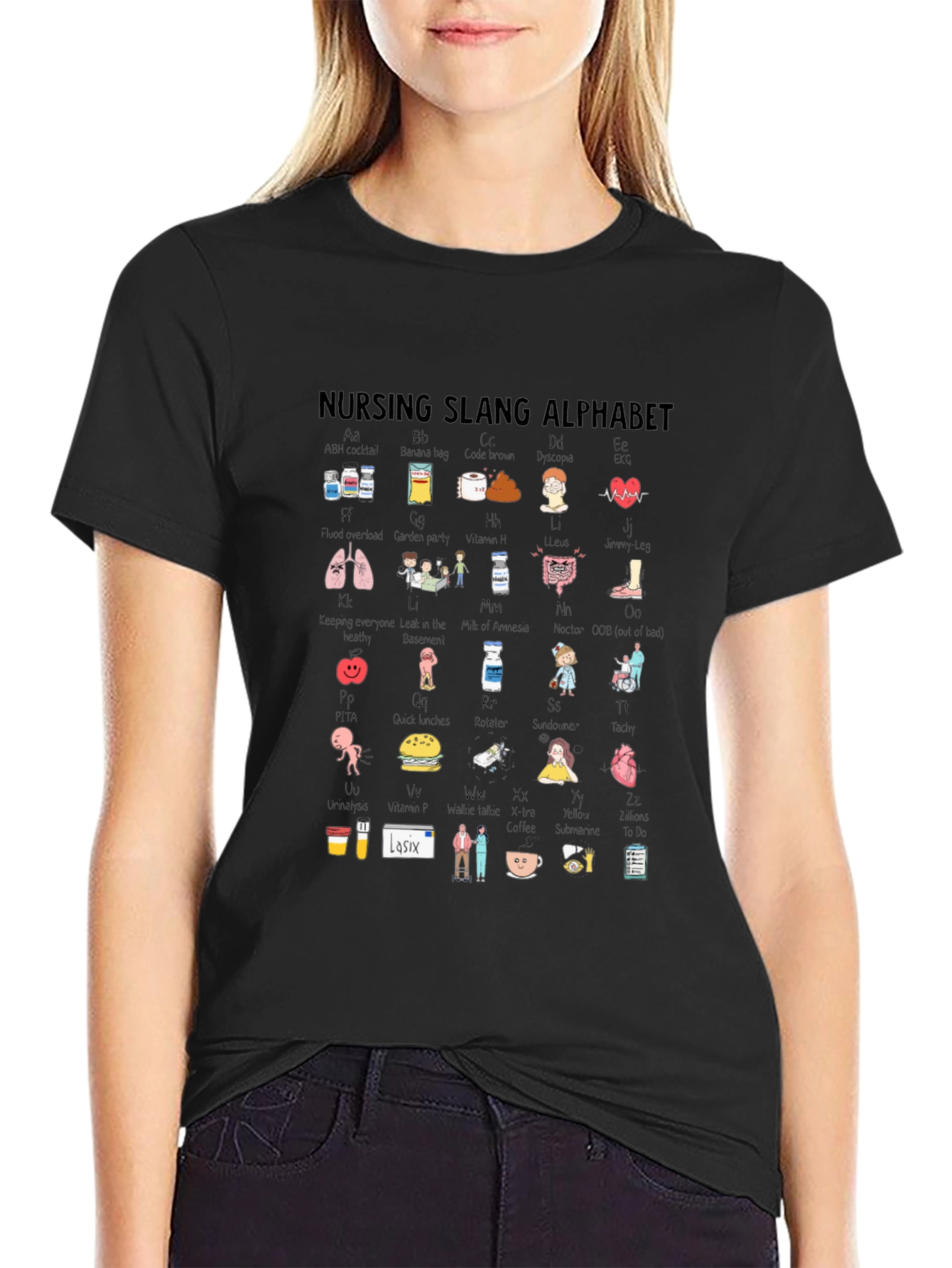 Nursing Slang Alphabet T-Shirt - Black Crew Neck