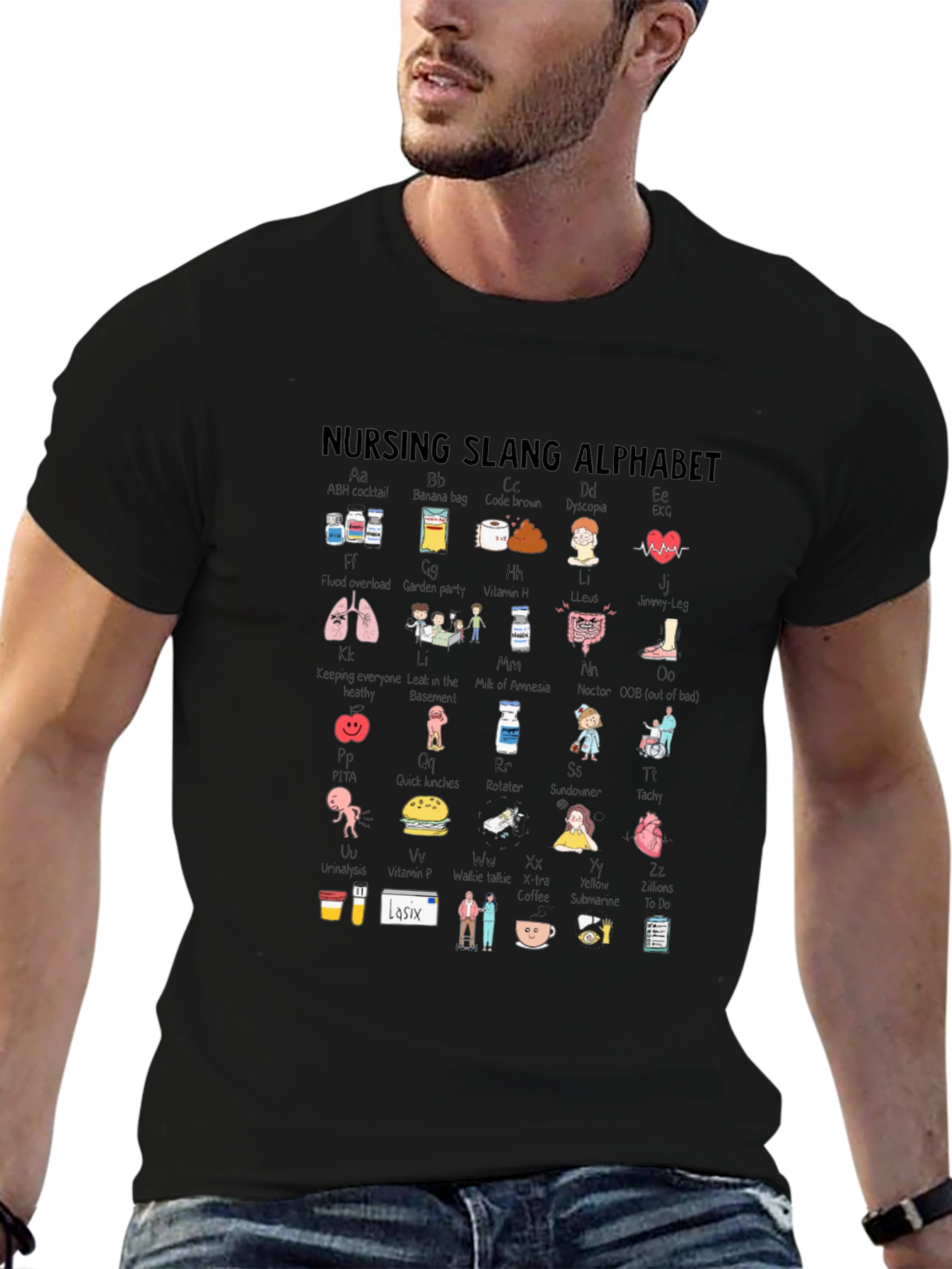 Nursing Slang Alphabet T-Shirt - Black Crew Neck