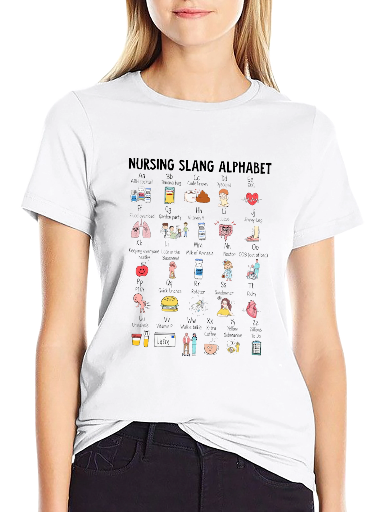 Nursing Slang Alphabet T-Shirt - Black Crew Neck