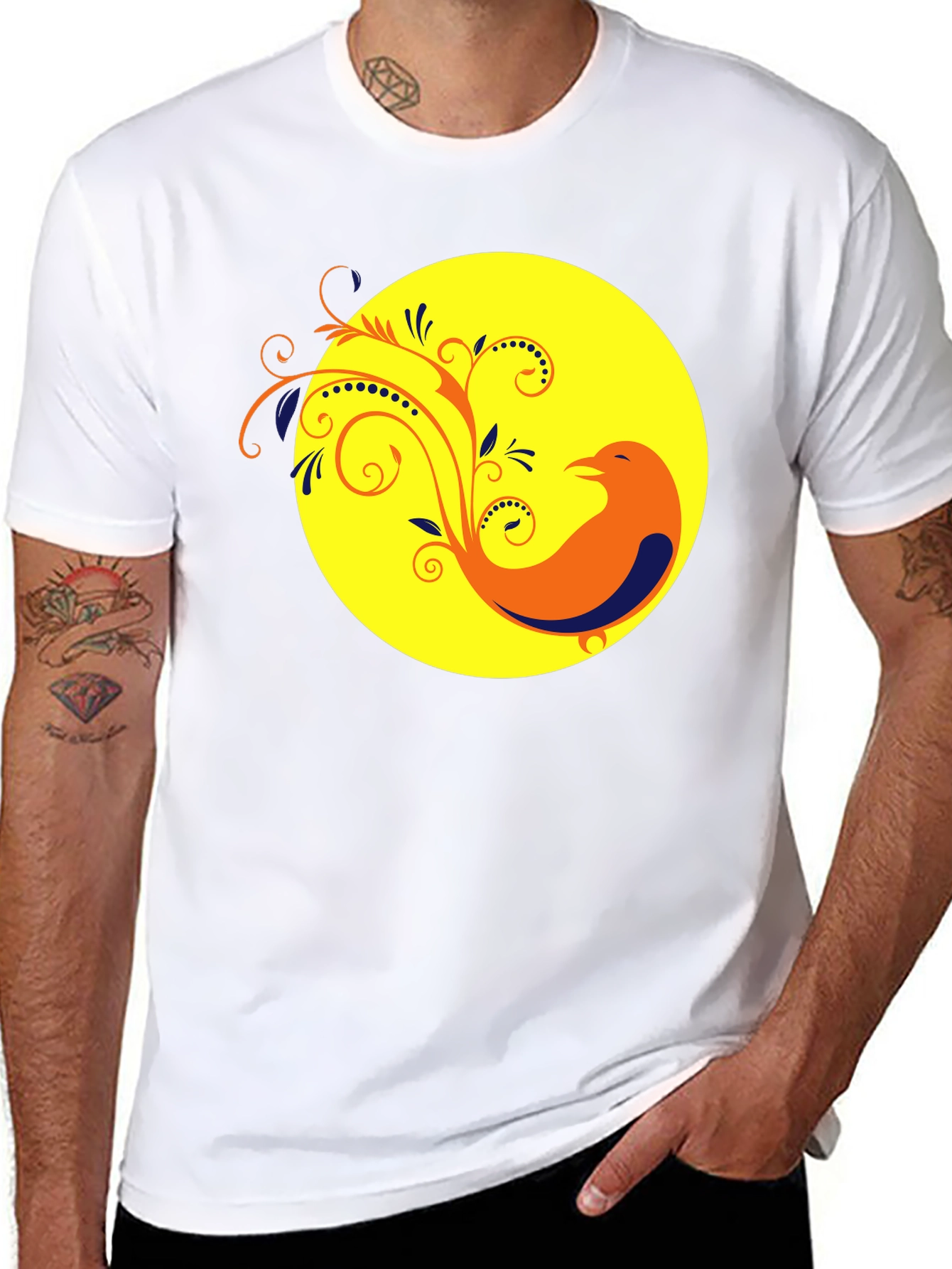 Black T-Shirt with Bird and Floral Design