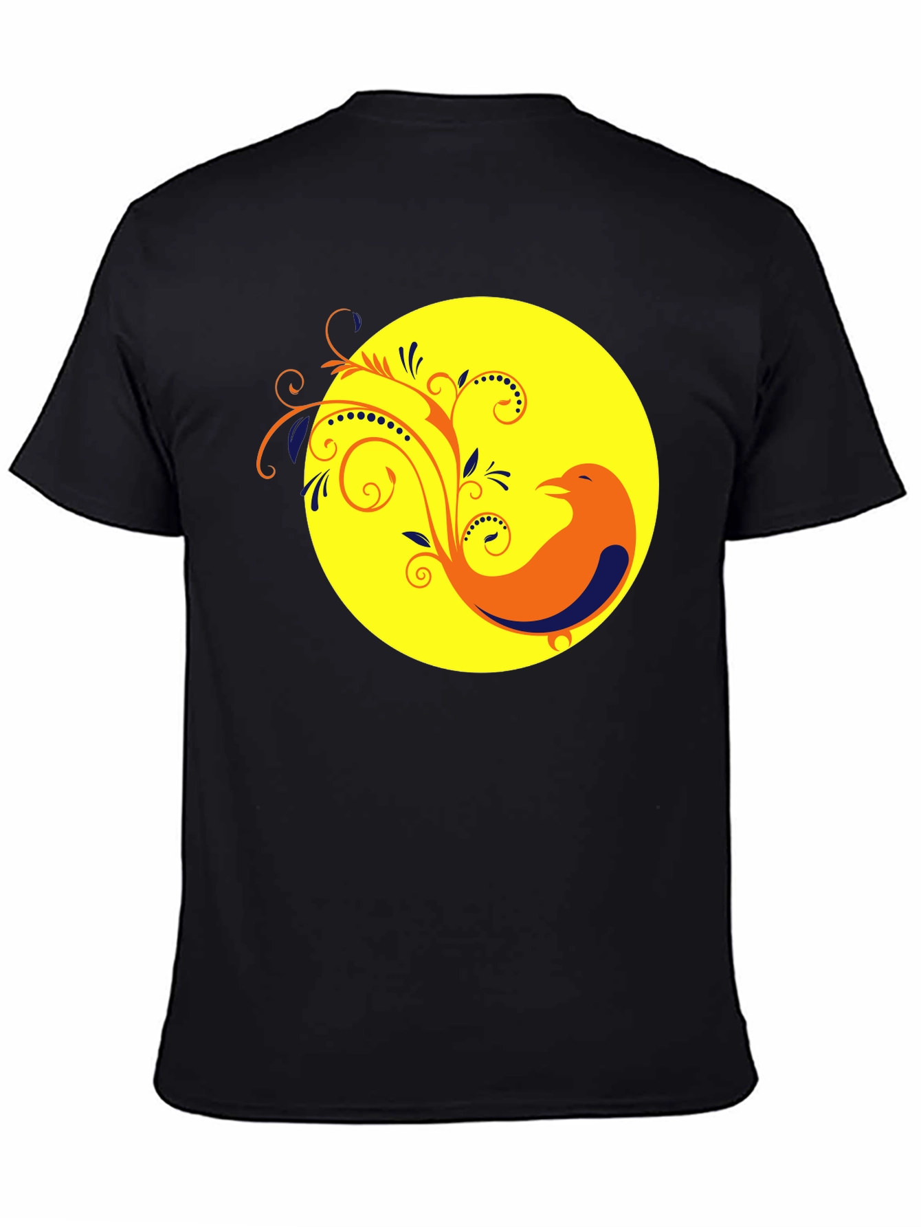 Black T-Shirt with Bird and Floral Design
