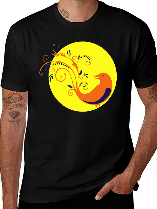 Black T-Shirt with Bird and Floral Design