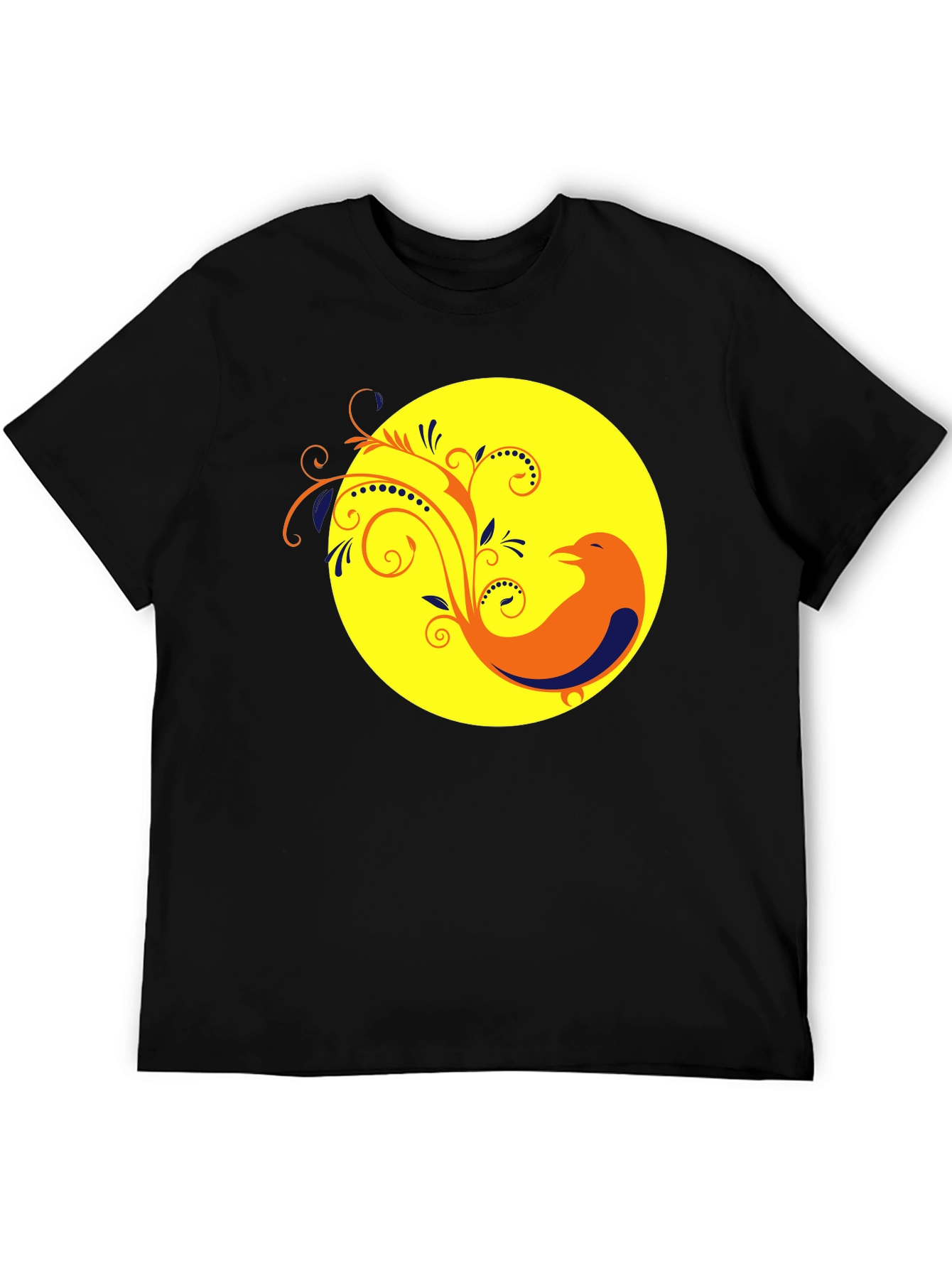 Black T-Shirt with Bird and Floral Design