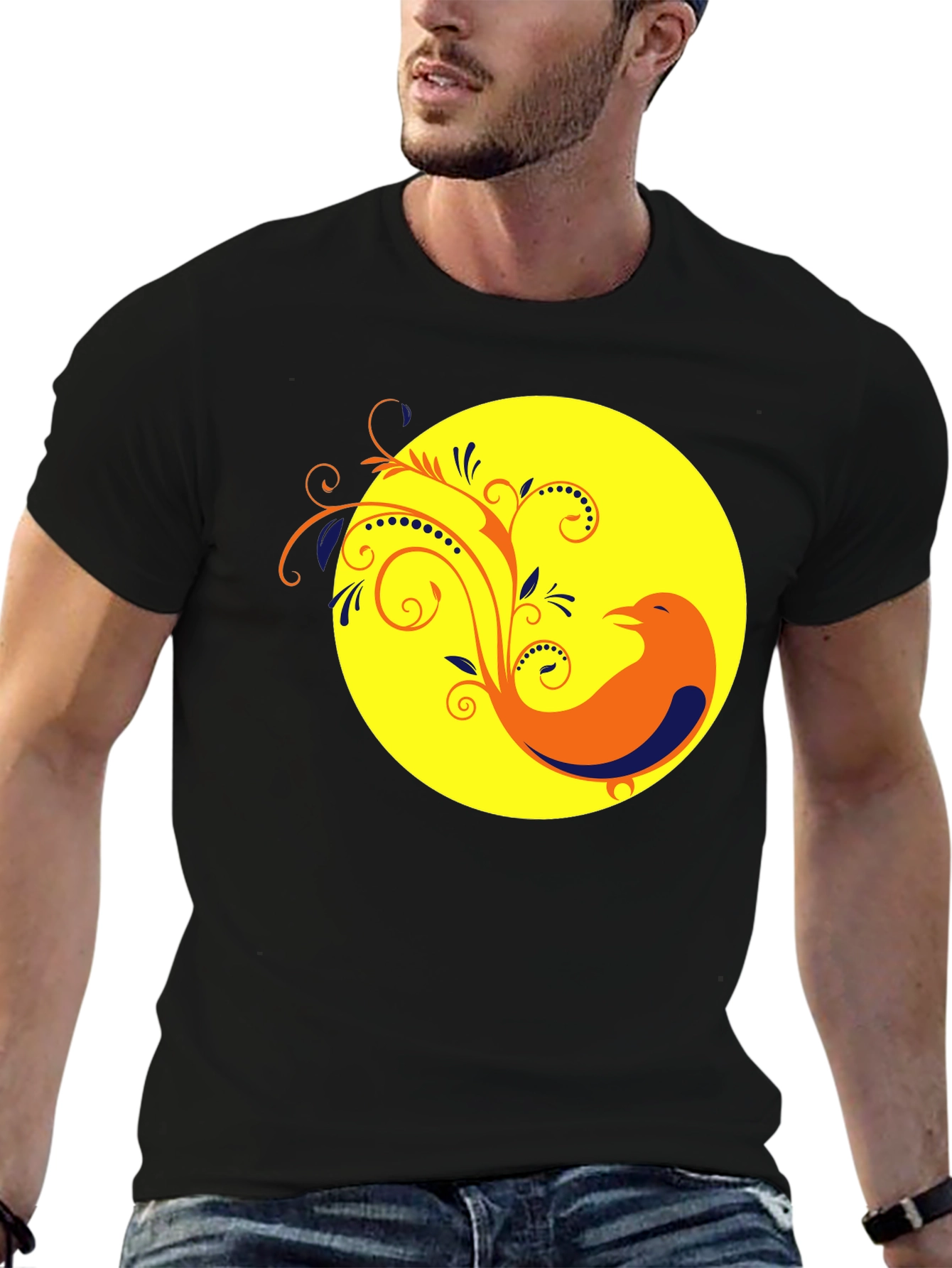 Black T-Shirt with Bird and Floral Design