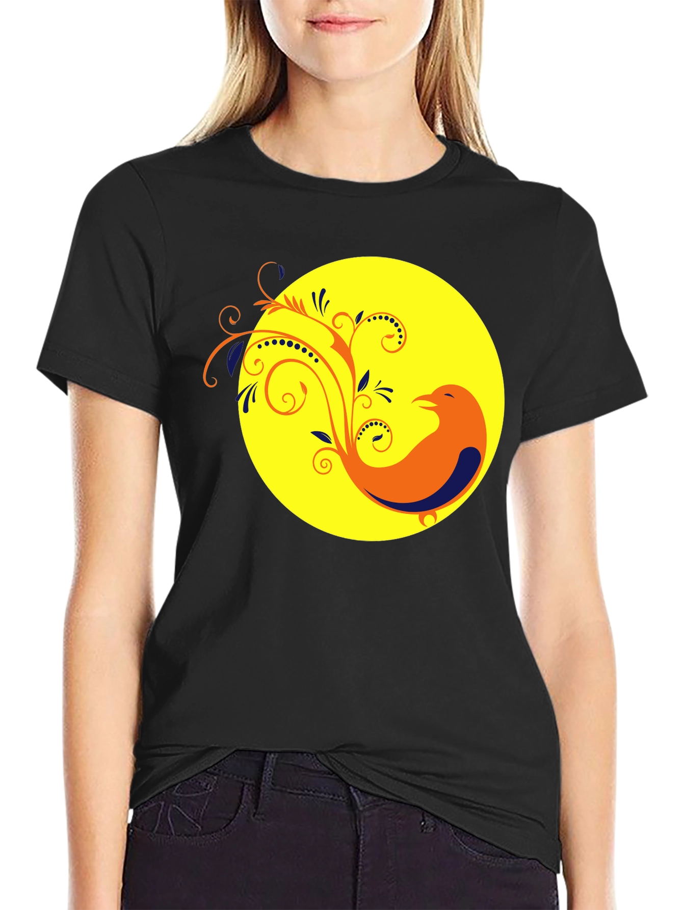 Black T-Shirt with Bird and Floral Design