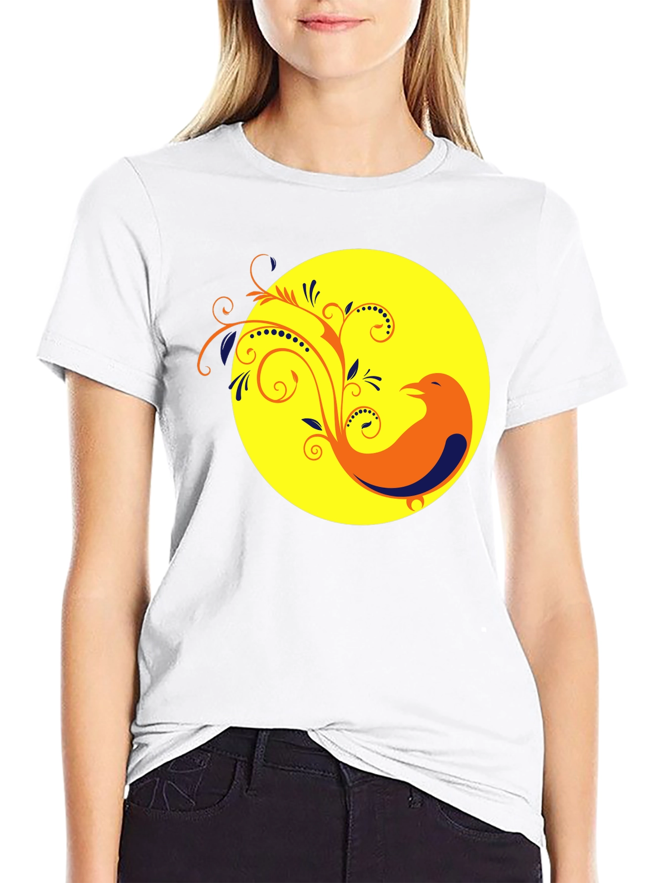 Black T-Shirt with Bird and Floral Design