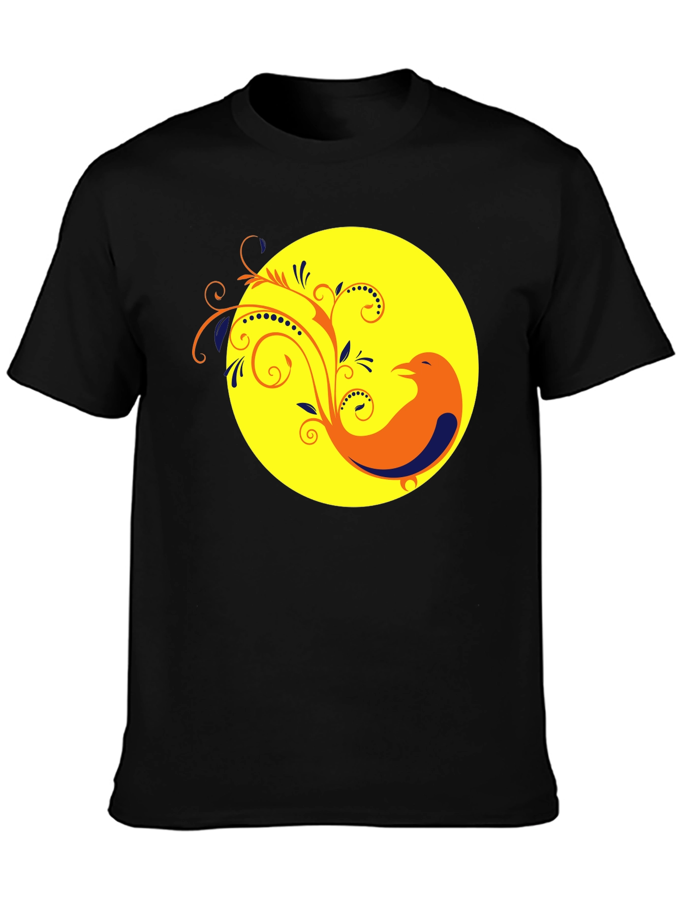 Black T-Shirt with Bird and Floral Design