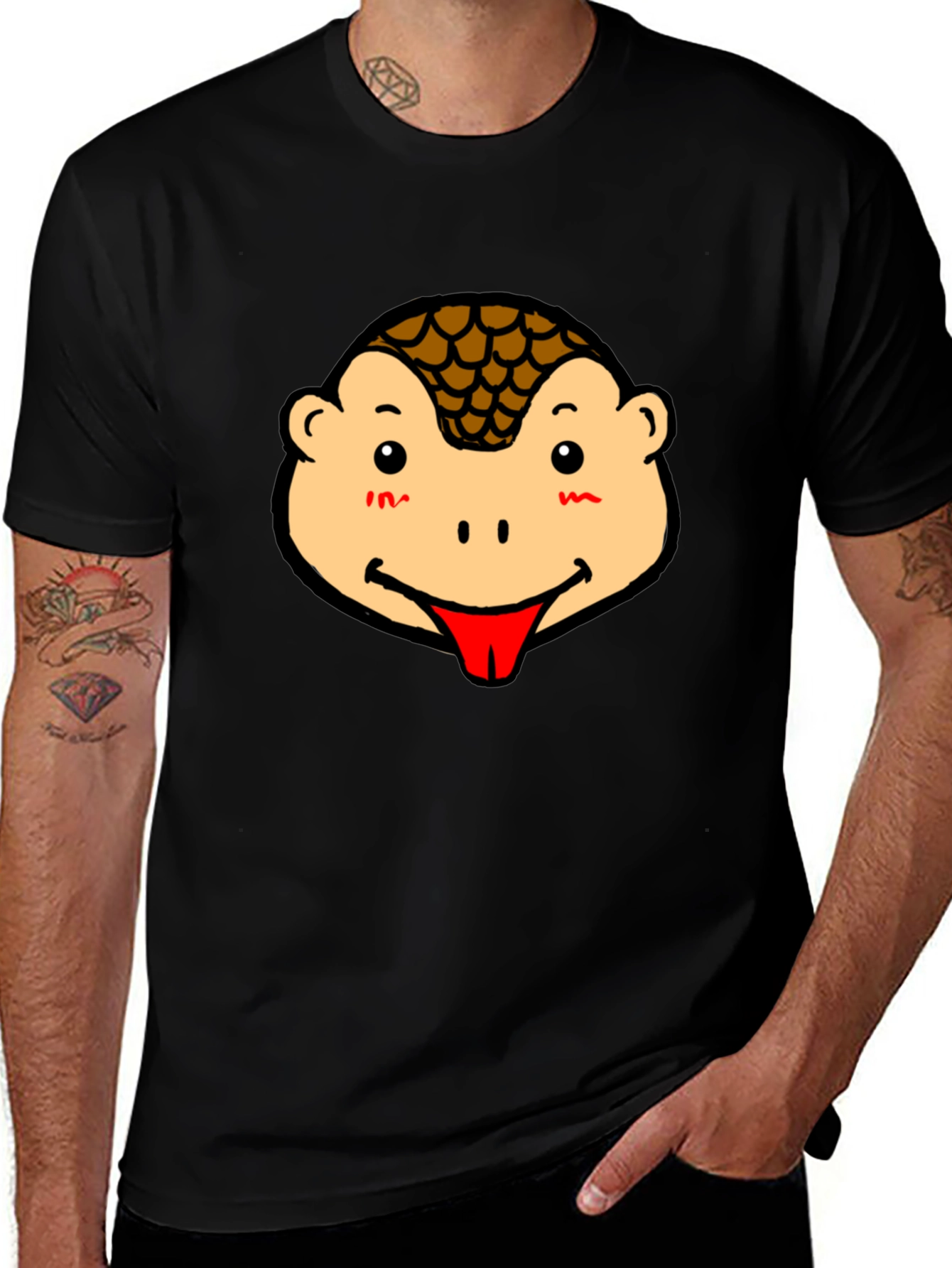 Cute Pangolin Face Graphic Tee - Black