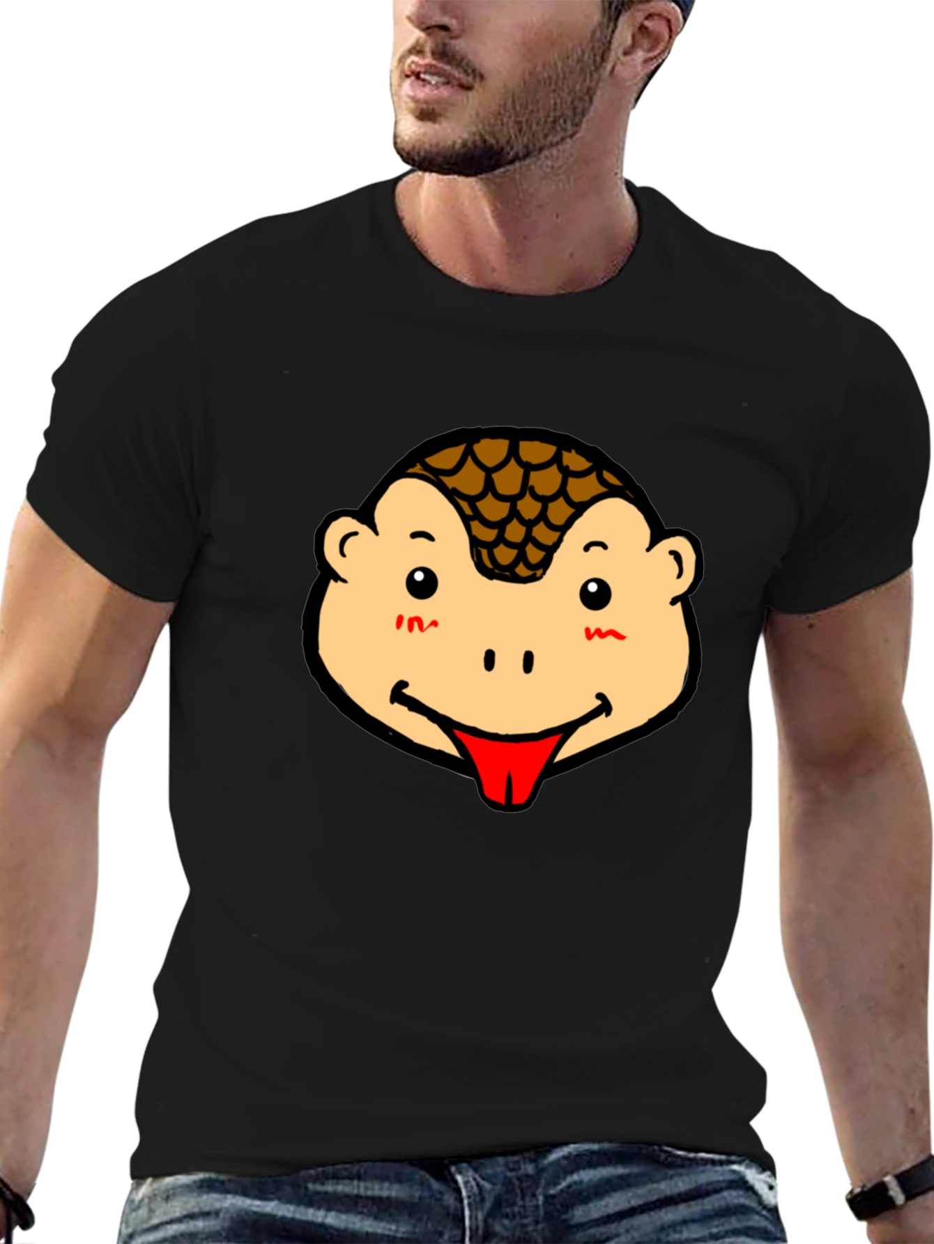Cute Pangolin Face Graphic Tee - Black