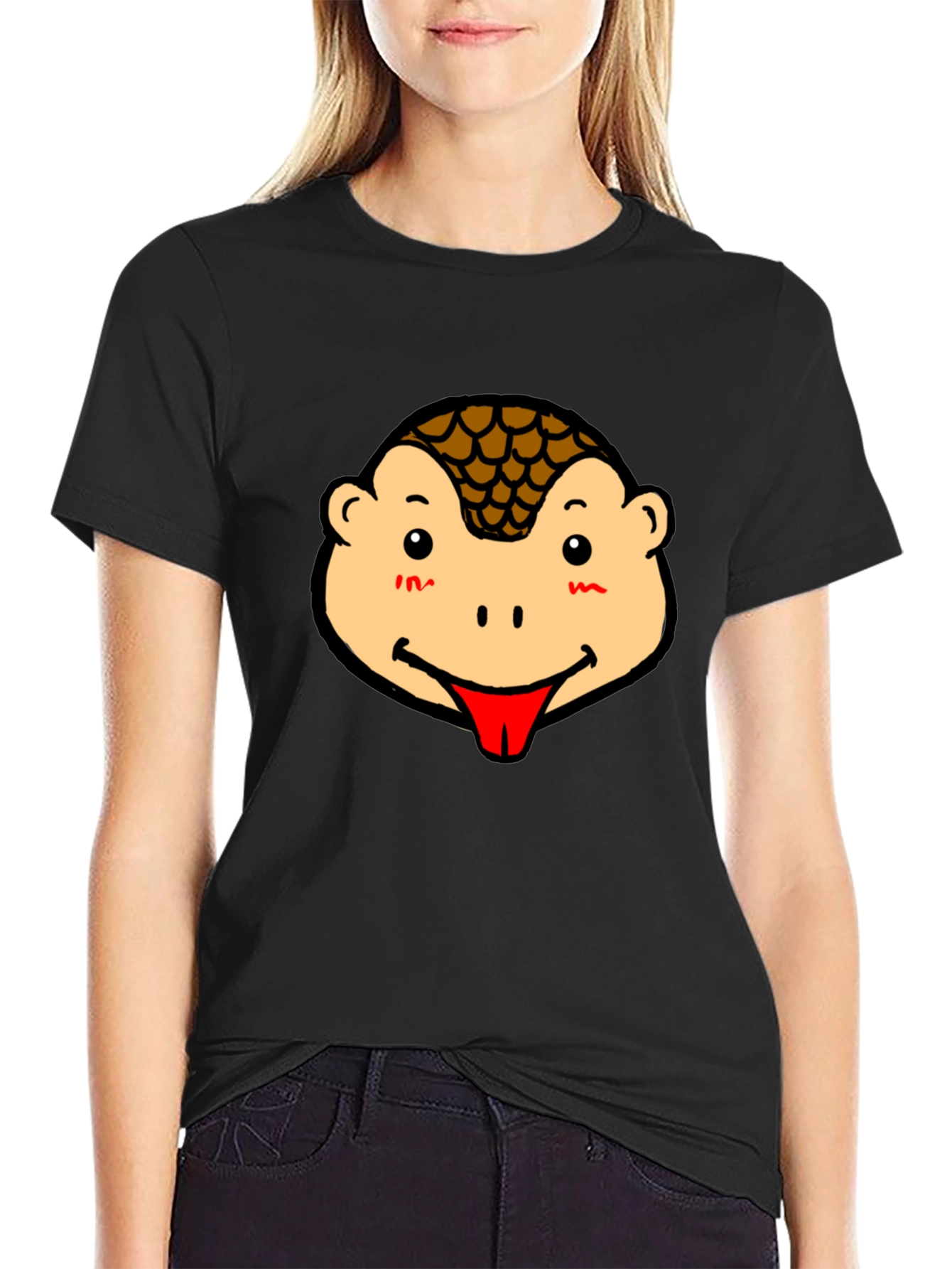 Cute Pangolin Face Graphic Tee - Black