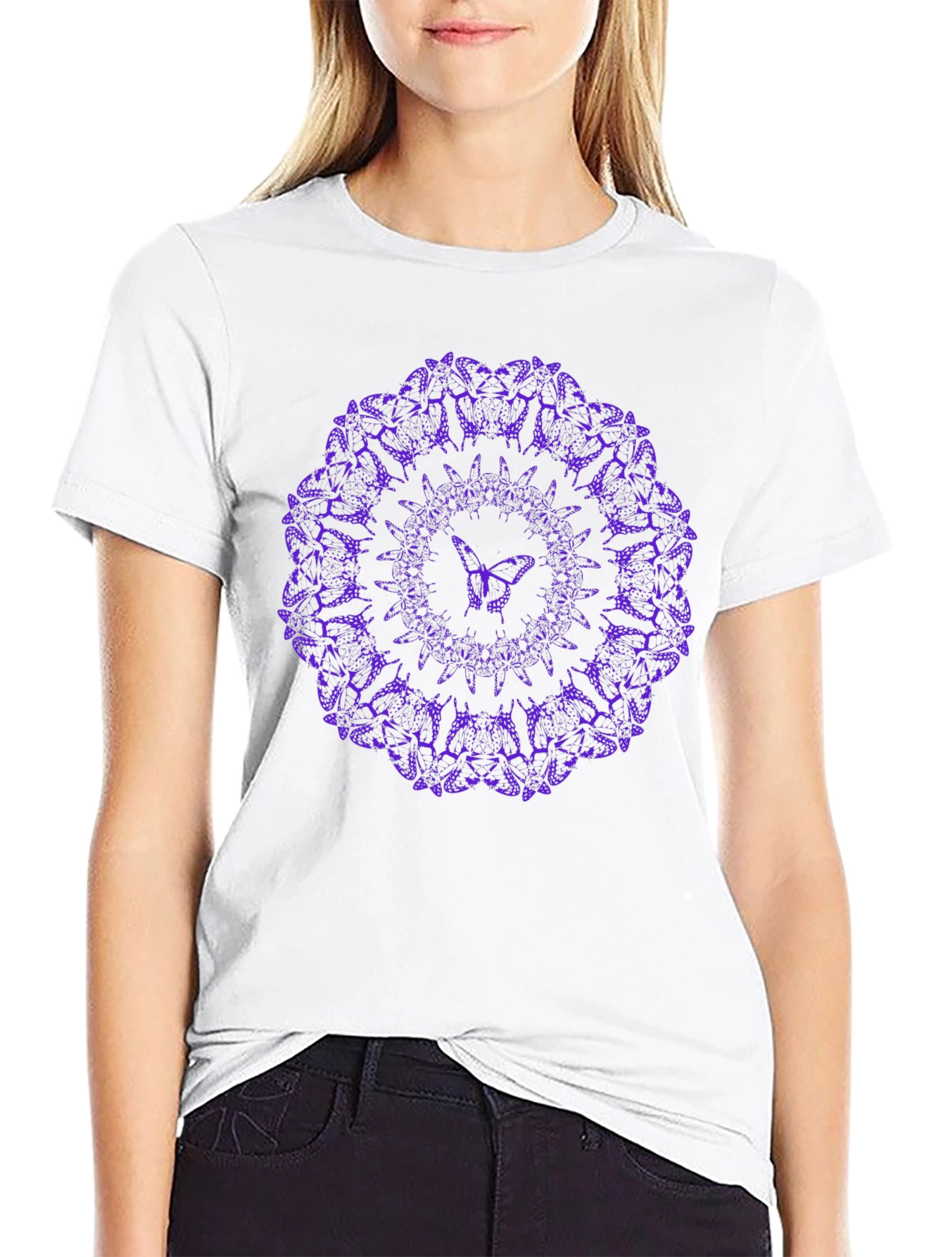Purple Butterfly Mandala Black T-Shirt