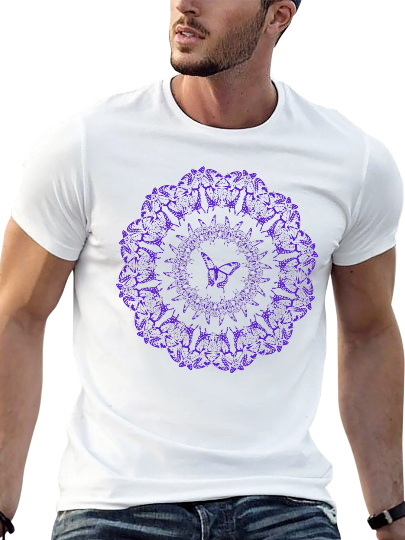 Purple Butterfly Mandala Black T-Shirt