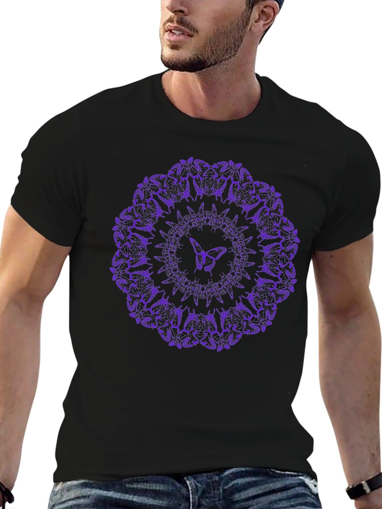 Purple Butterfly Mandala Black T-Shirt