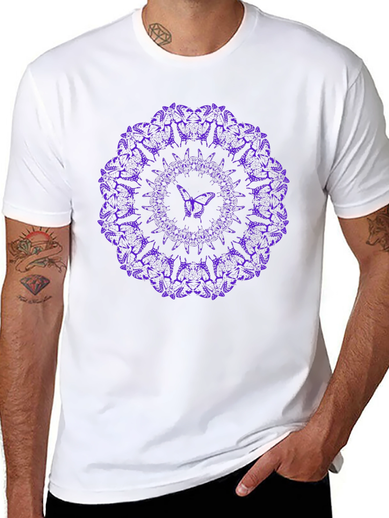 Purple Butterfly Mandala Black T-Shirt