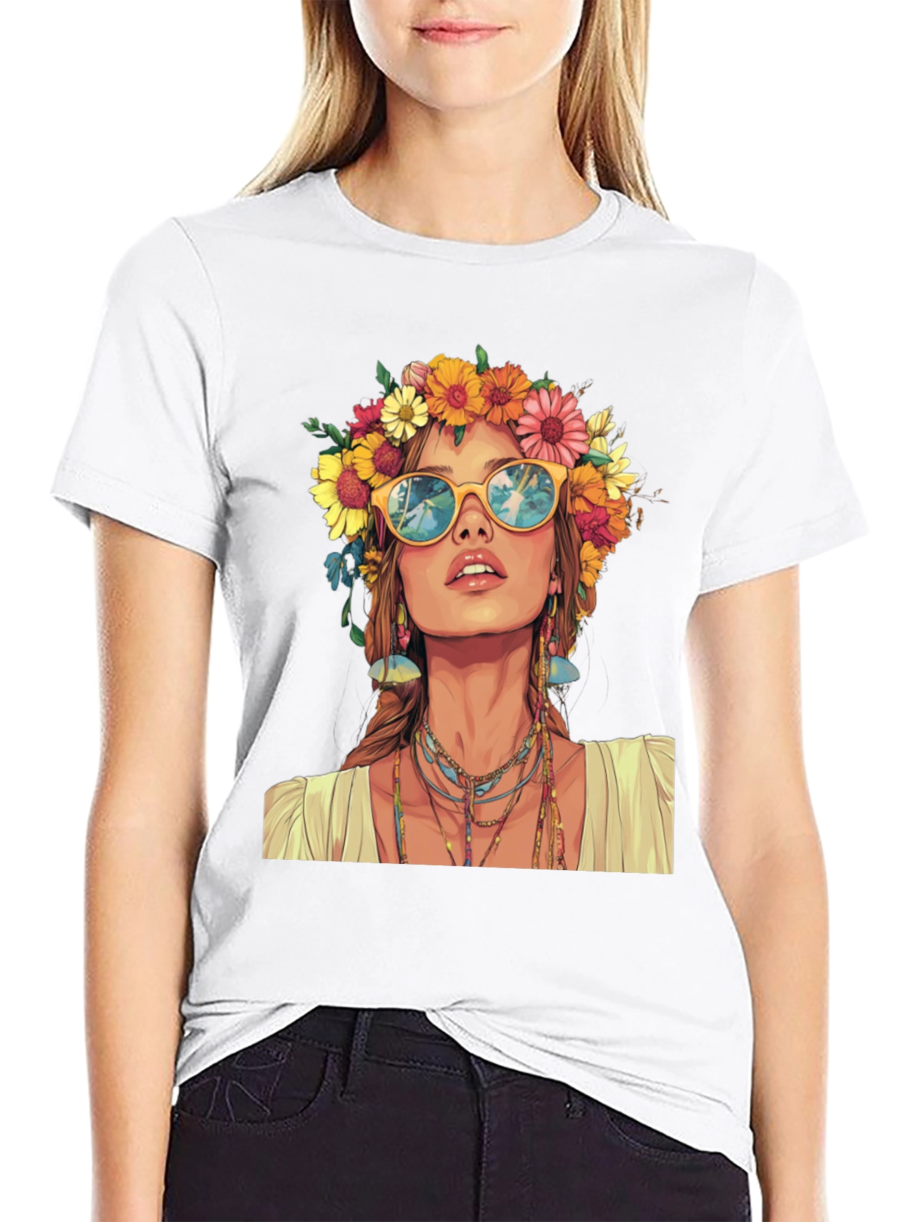 Hippie Girl Graphic T-Shirt - Flower Crown