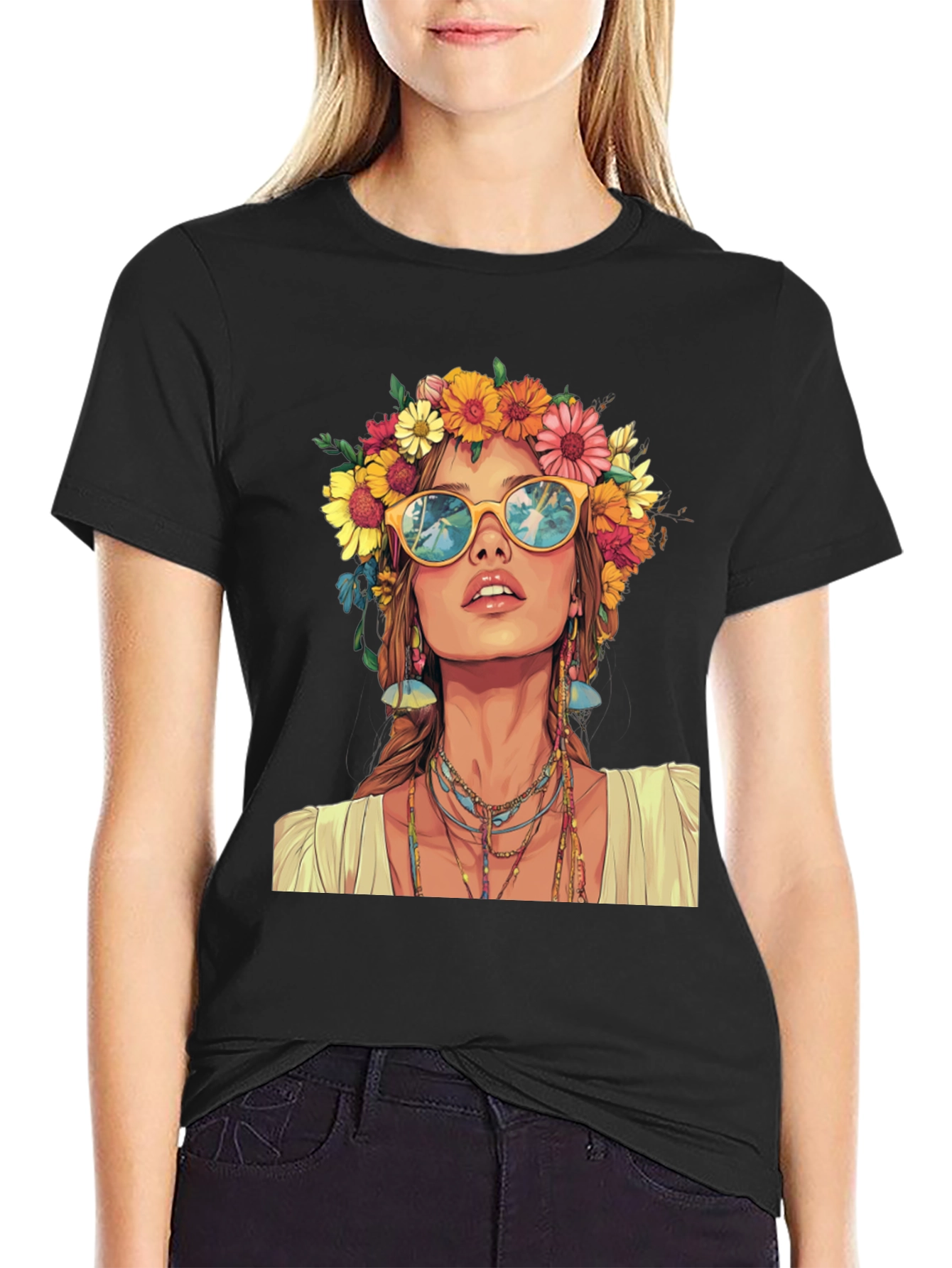 Hippie Girl Graphic T-Shirt - Flower Crown