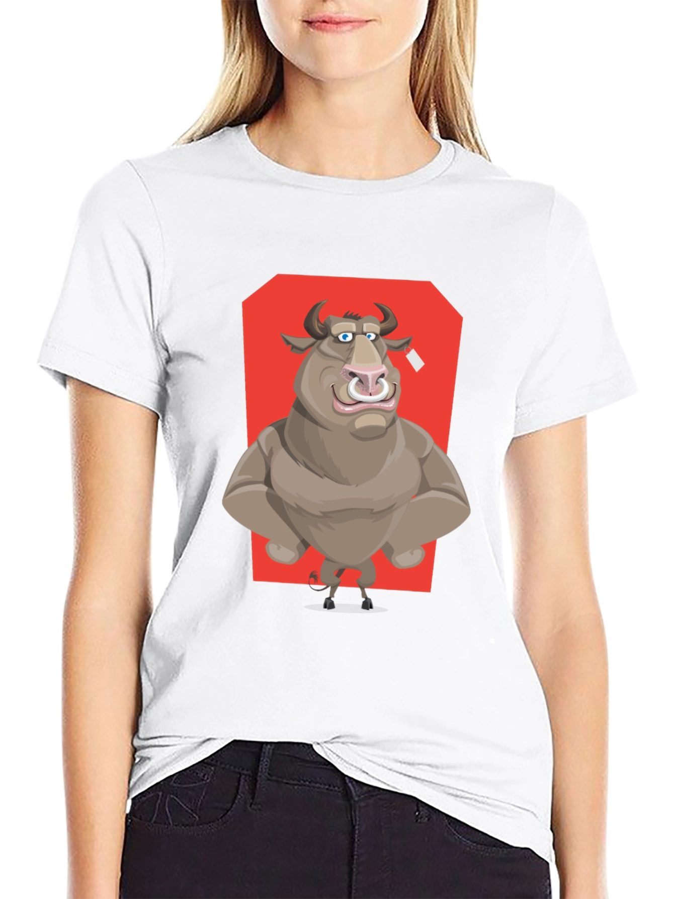 Bull Cartoon Graphic T-Shirt - Black Crew Neck Tee