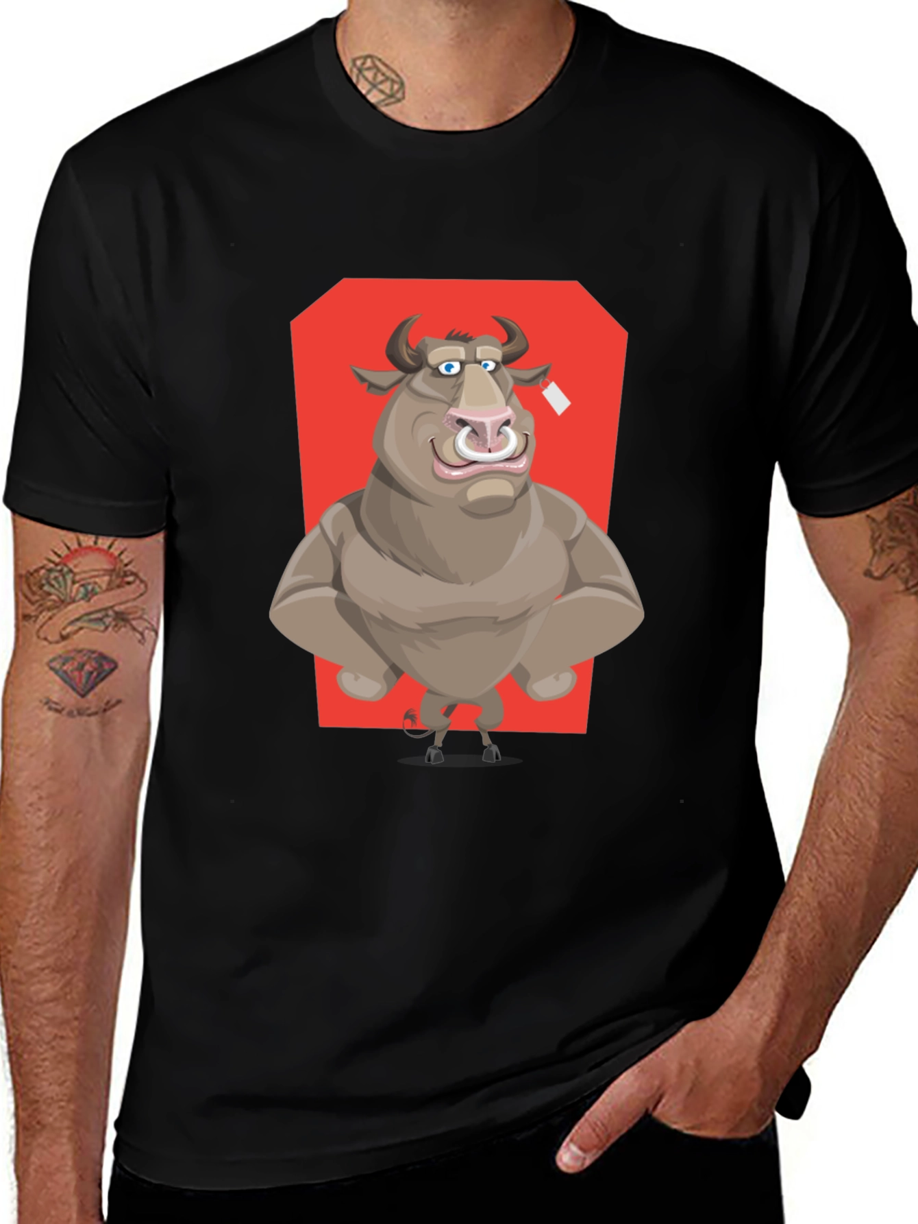 Bull Cartoon Graphic T-Shirt - Black Crew Neck Tee