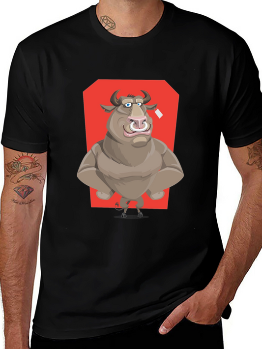 Bull Cartoon Graphic T-Shirt - Black Crew Neck Tee