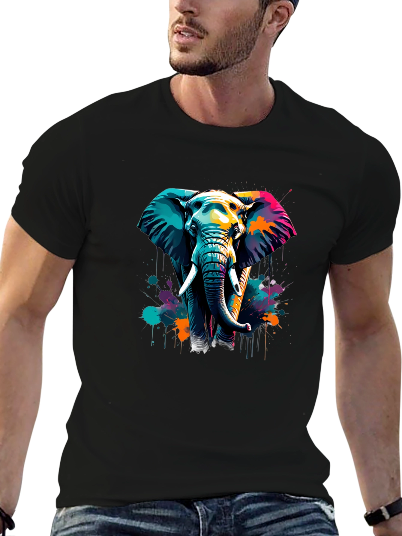 Vibrant Elephant Graphic Tee - Stylish Mens Black T-Shirt