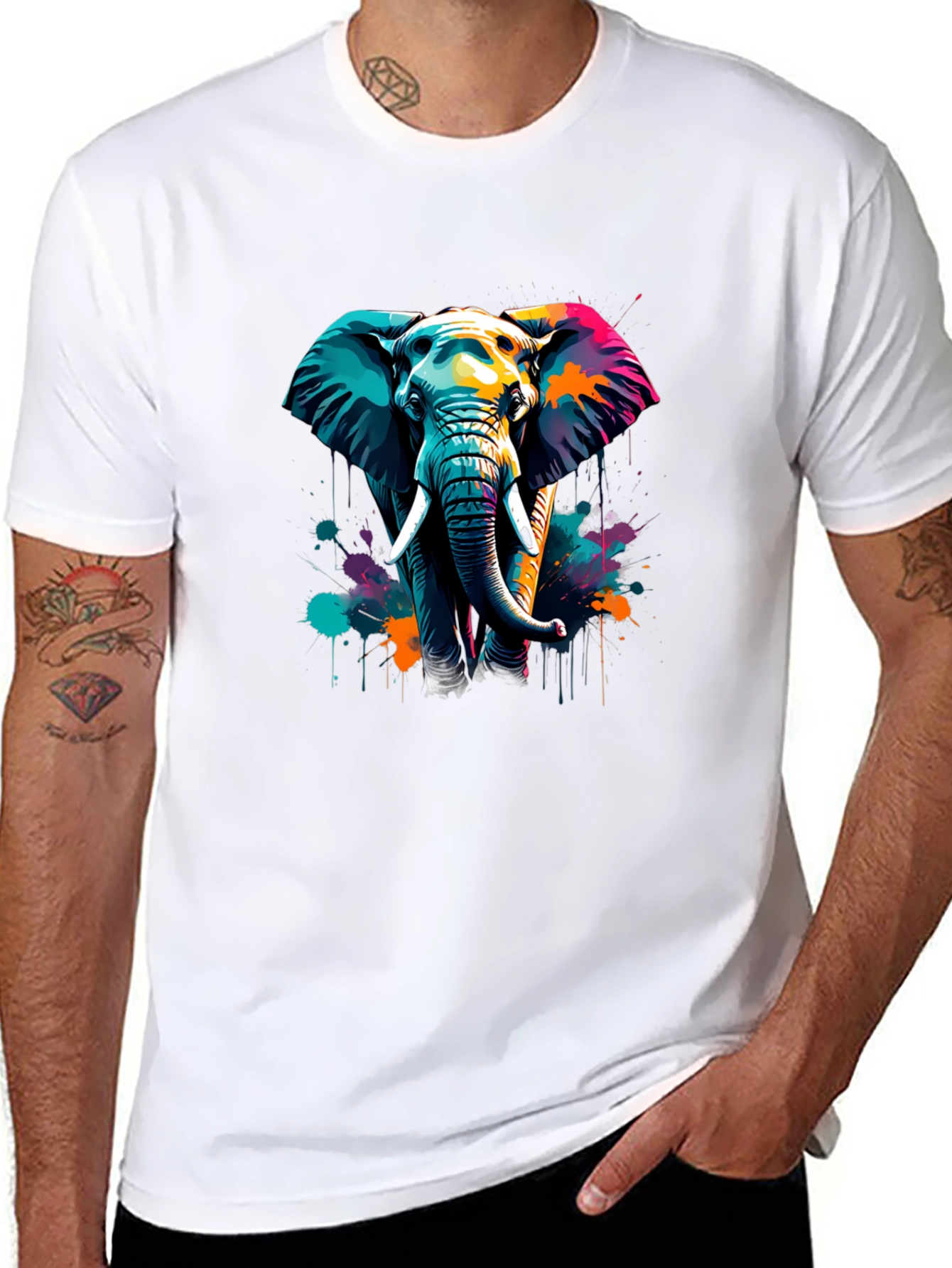 Vibrant Elephant Graphic Tee - Stylish Mens Black T-Shirt