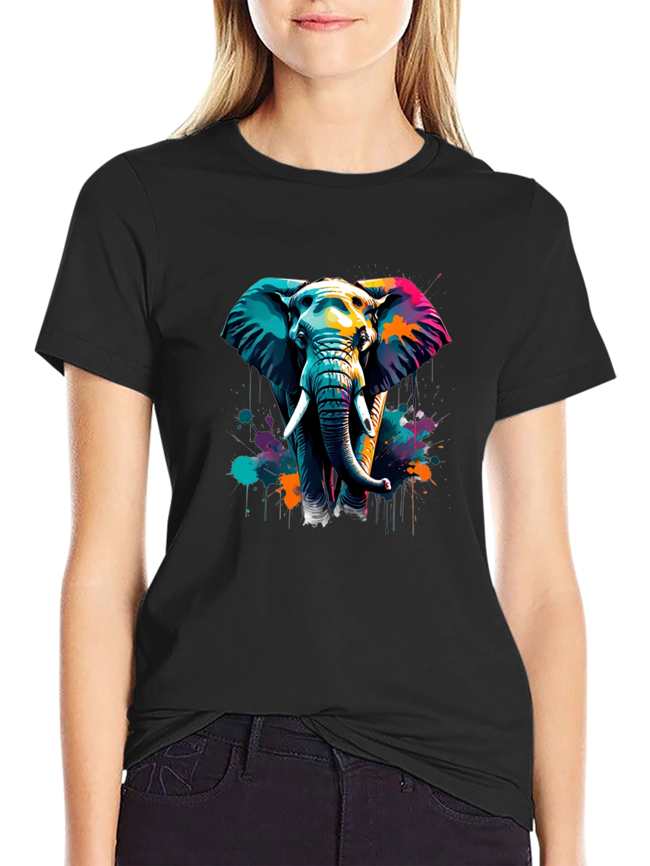 Vibrant Elephant Graphic Tee - Stylish Mens Black T-Shirt