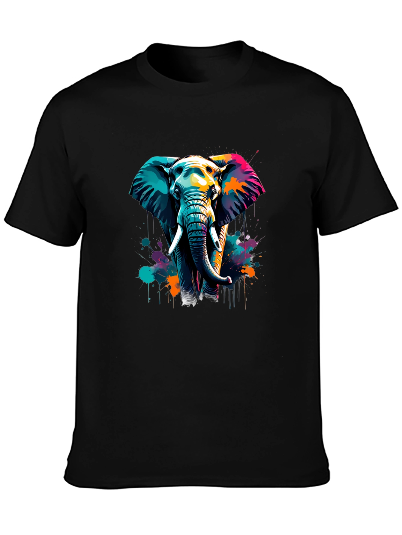Vibrant Elephant Graphic Tee - Stylish Mens Black T-Shirt
