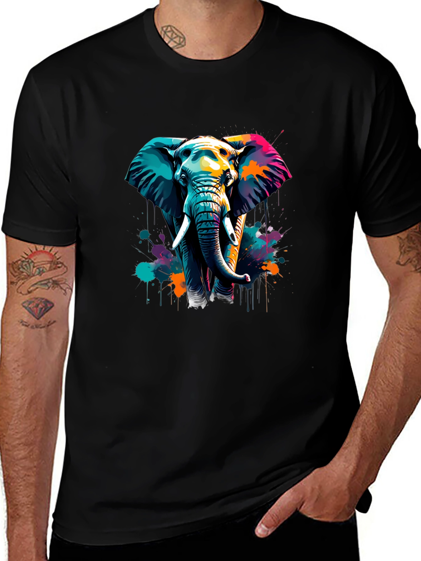 Vibrant Elephant Graphic Tee - Stylish Mens Black T-Shirt