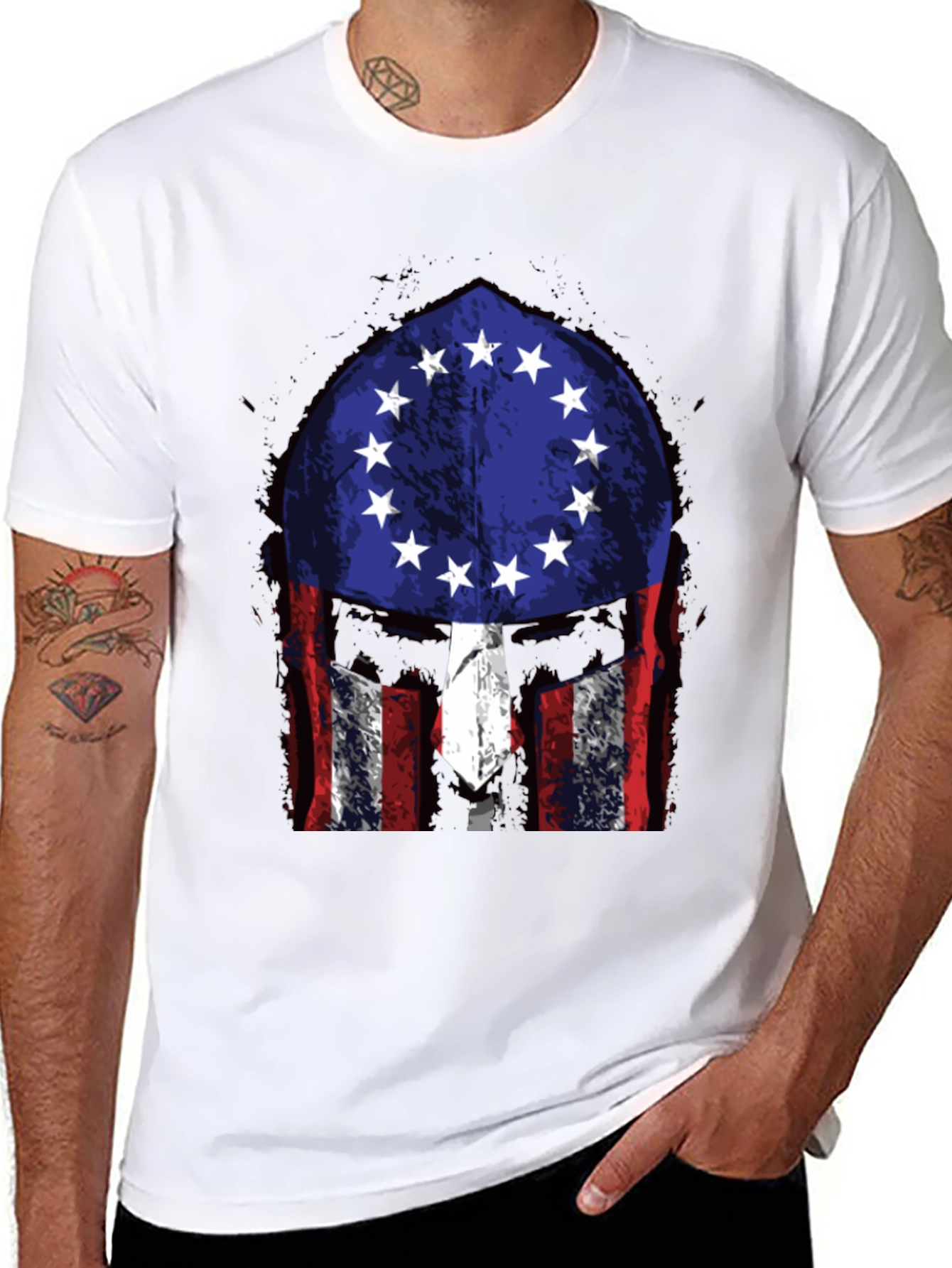 Patriotic Spartan Helmet Graphic T-Shirt