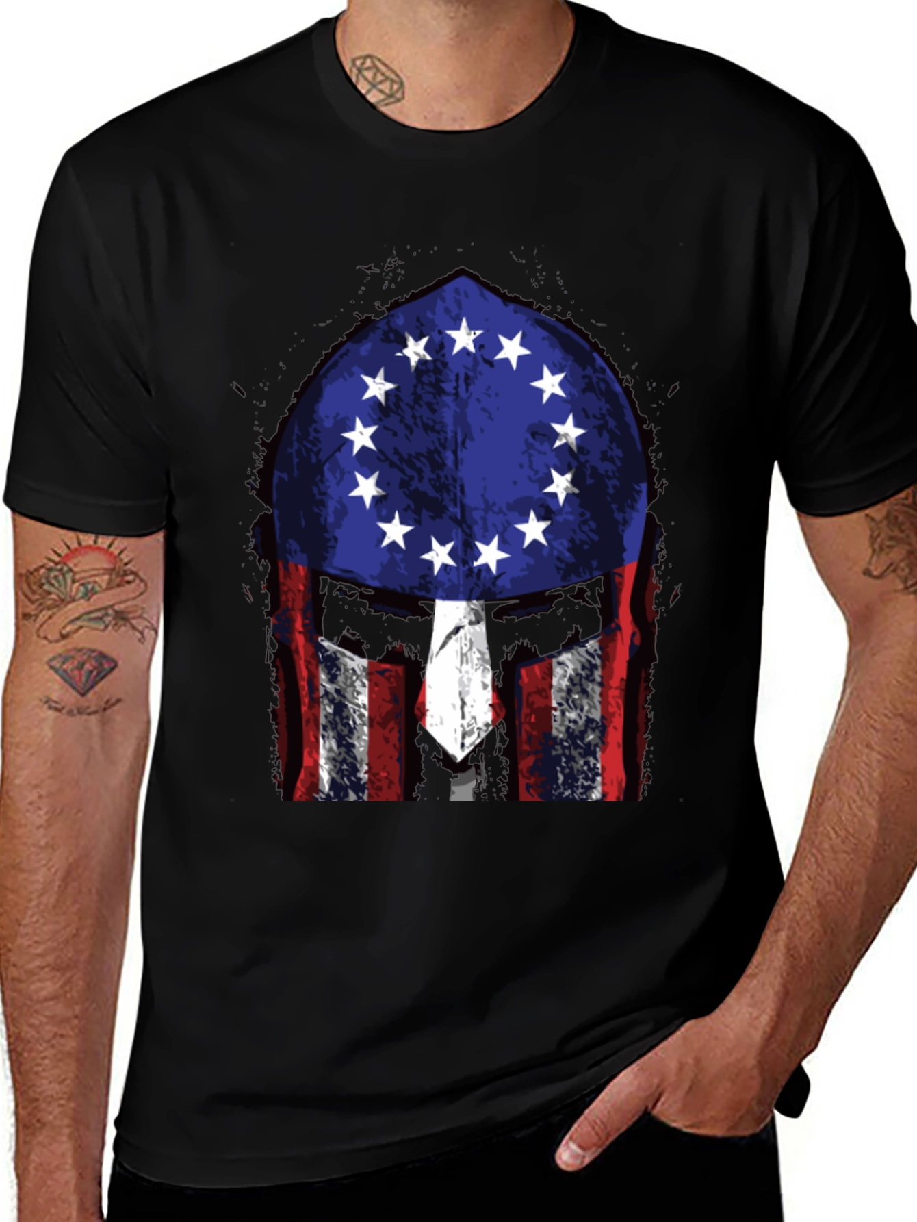 Patriotic Spartan Helmet Graphic T-Shirt