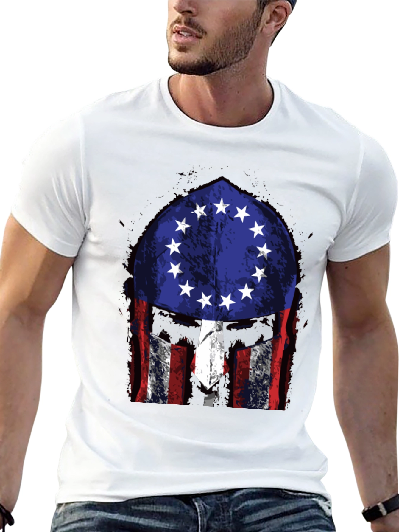 Patriotic Spartan Helmet Graphic T-Shirt